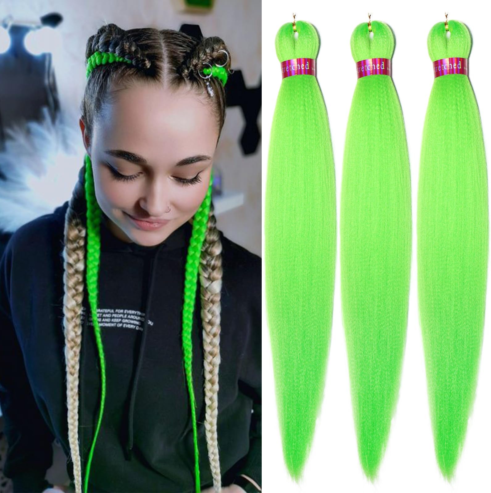 Neon Green Braiding Hair Pre Strethched Silky Braid Hair Extensions, 100% Kanekalon Synthetic Itch Free Hair for Braiding Crochet Twist Hair Braid Extensions Yaki Texture(28''-3packs, neon green)