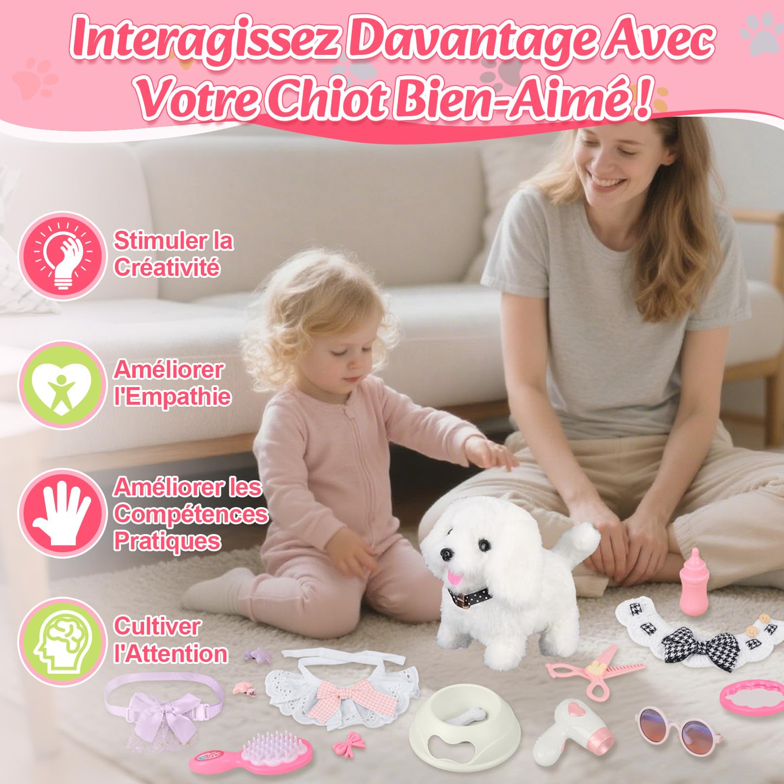 Charmofun Chien Interactif Jouet Enfant avec Poussette Jouet, Electronique Chien Qui Marche et Aboie avec Accessoires, Peluches et Animaux Interactifs Cadeau pour Fille 3 4 5 6 Ans