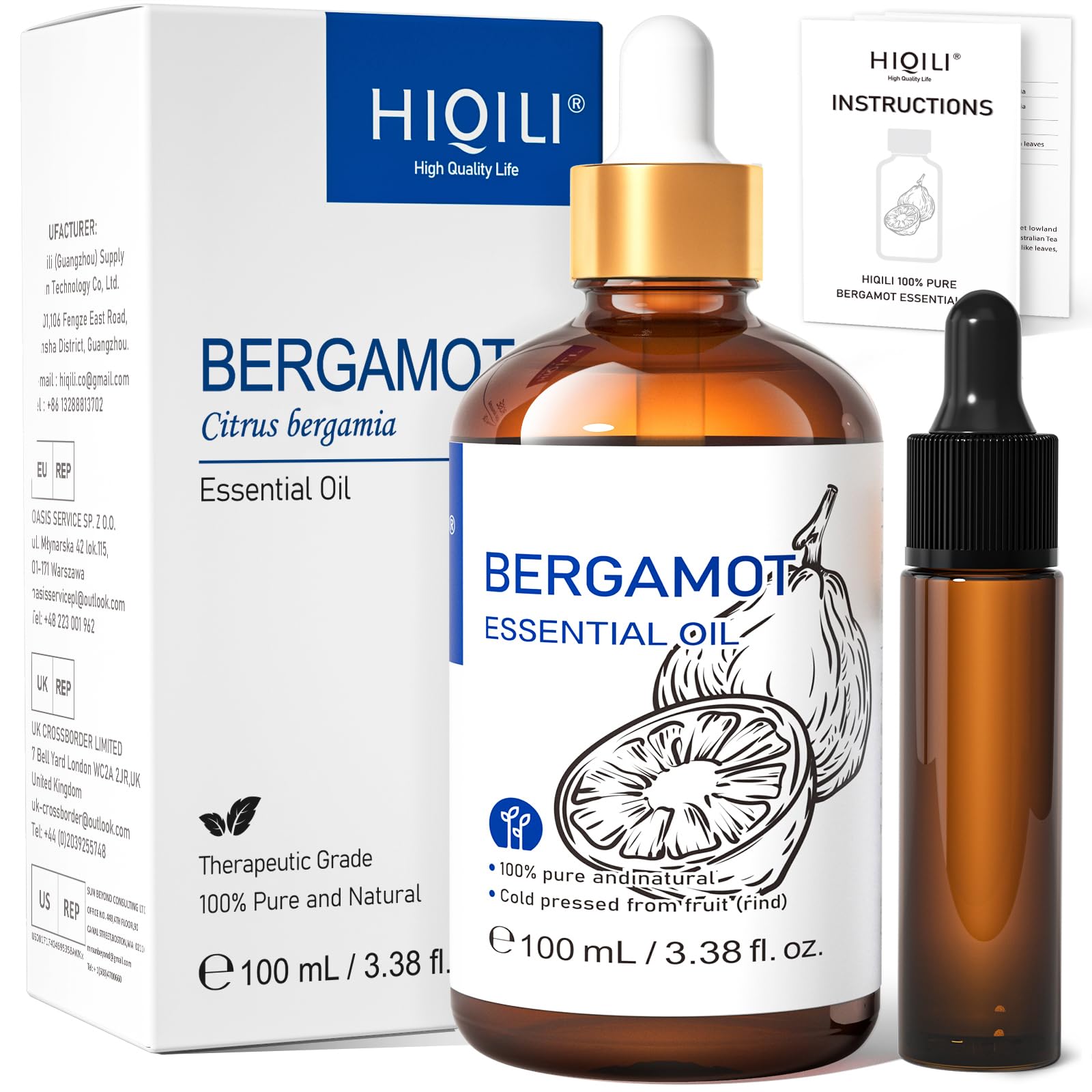 HIQILI Bergamot Essential Oil 100ml Natural 100% Bergamot Essential Oil Aroma Oil for Room Aroma Diffuser Humidifier Aroma