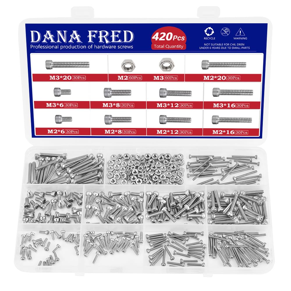 M2 M3 Hex Socket Head Cap Screw Nuts Kit 420pcs 304 Stainless Steel Metric Thread Allen Hexagon Machine Bolt Nut Assortment Kit Metal Standard Fastener Hardware Assortment for Home Furniture Fastener