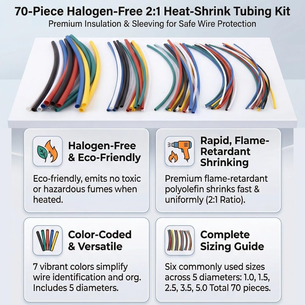Kit 70 Pièces Gaine Thermorétractable Polyoléfine - 5 Tailles 7 Couleurs 20cm