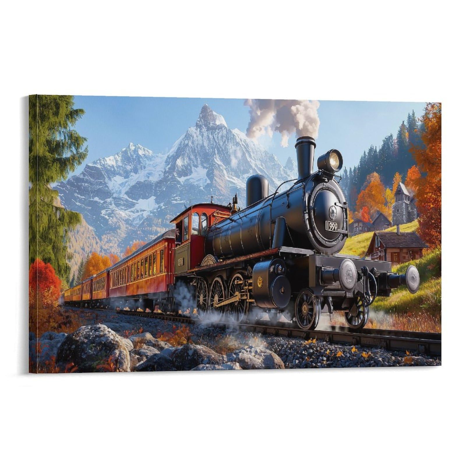 YYVKPMLXC Art Giclee Canvas Steam Train Canvas Prints Art Mountain Villages Wall Art Painting Pictures Ready To Hang for Home Decor 16x24inch(40x60cm)