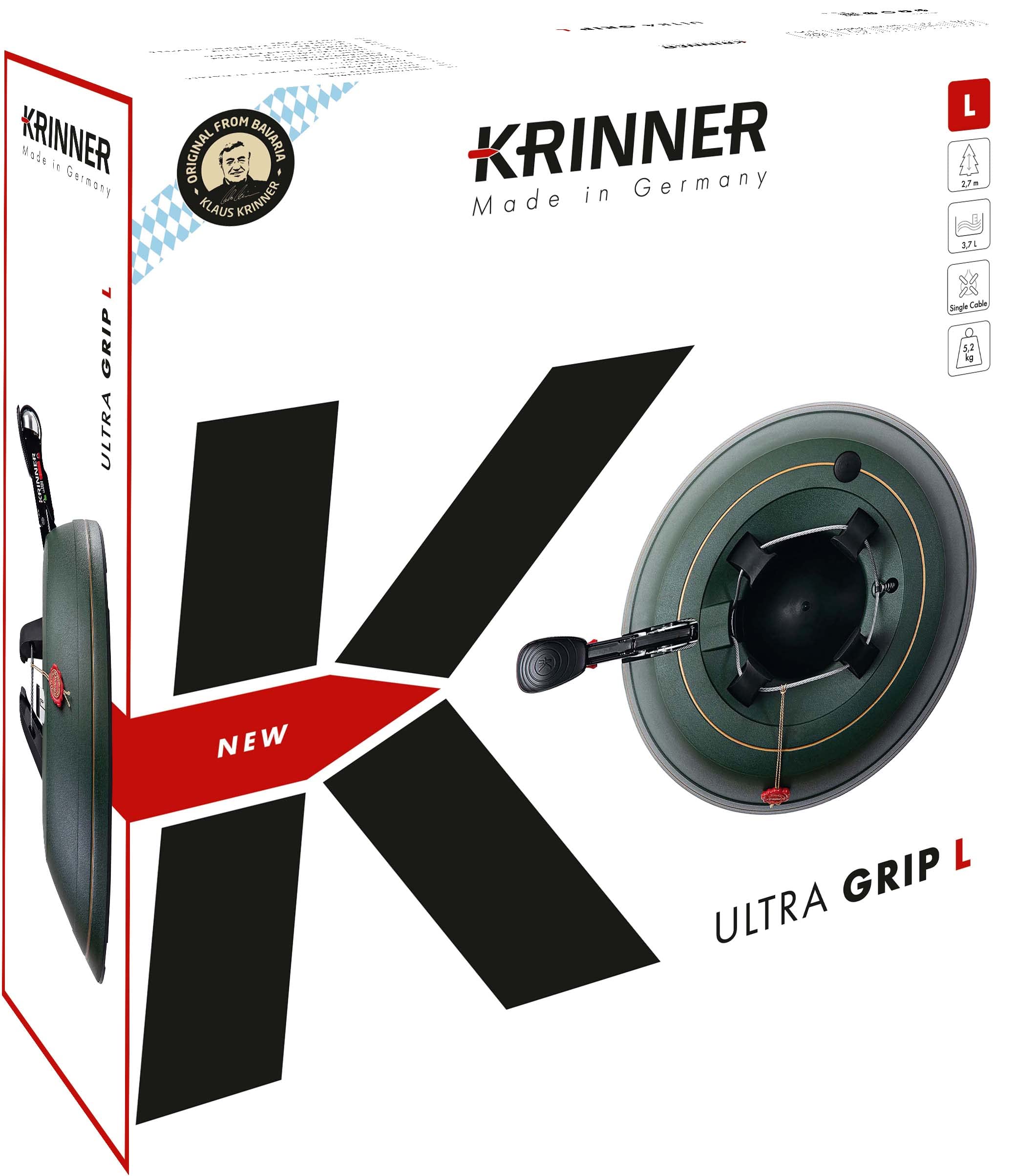 KRINNER® Ultra Grip L Christbaumständer Weihnachtsbaumständer inkl. Einseiltechnik Fußpedal mit Sicherungsglocke und 3,7 Liter Wassertank für Baumhöhe bis 2,7m MADE IN GERMANY 94235