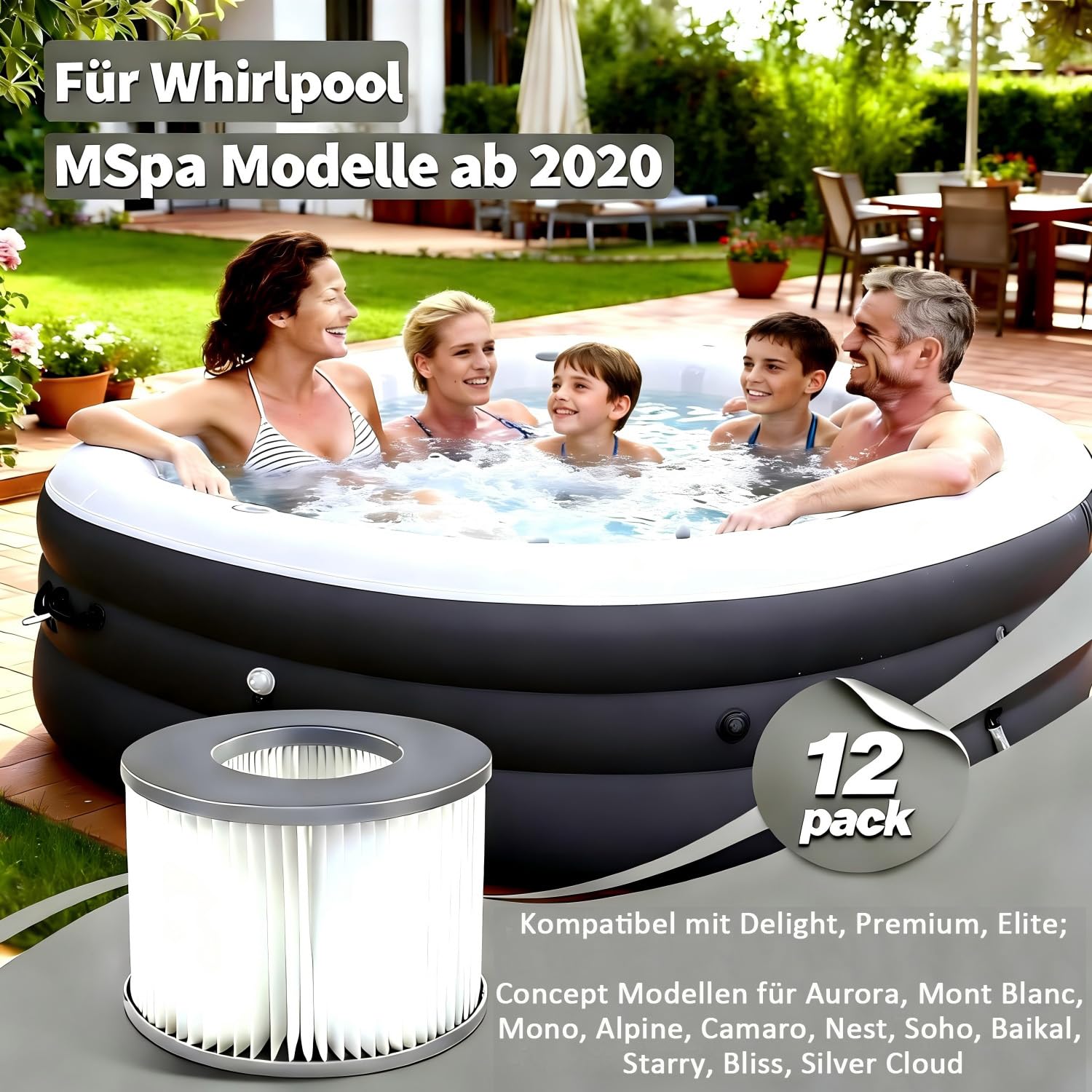 12er Set Ersatzfilter für MSPA Whirlpool-Filter-Kartuschen, Filter für Whirlpoal, für Heiße U-Boote und Spa, für Aufblasbare Pools - Wasserfilter Modell ab 2020