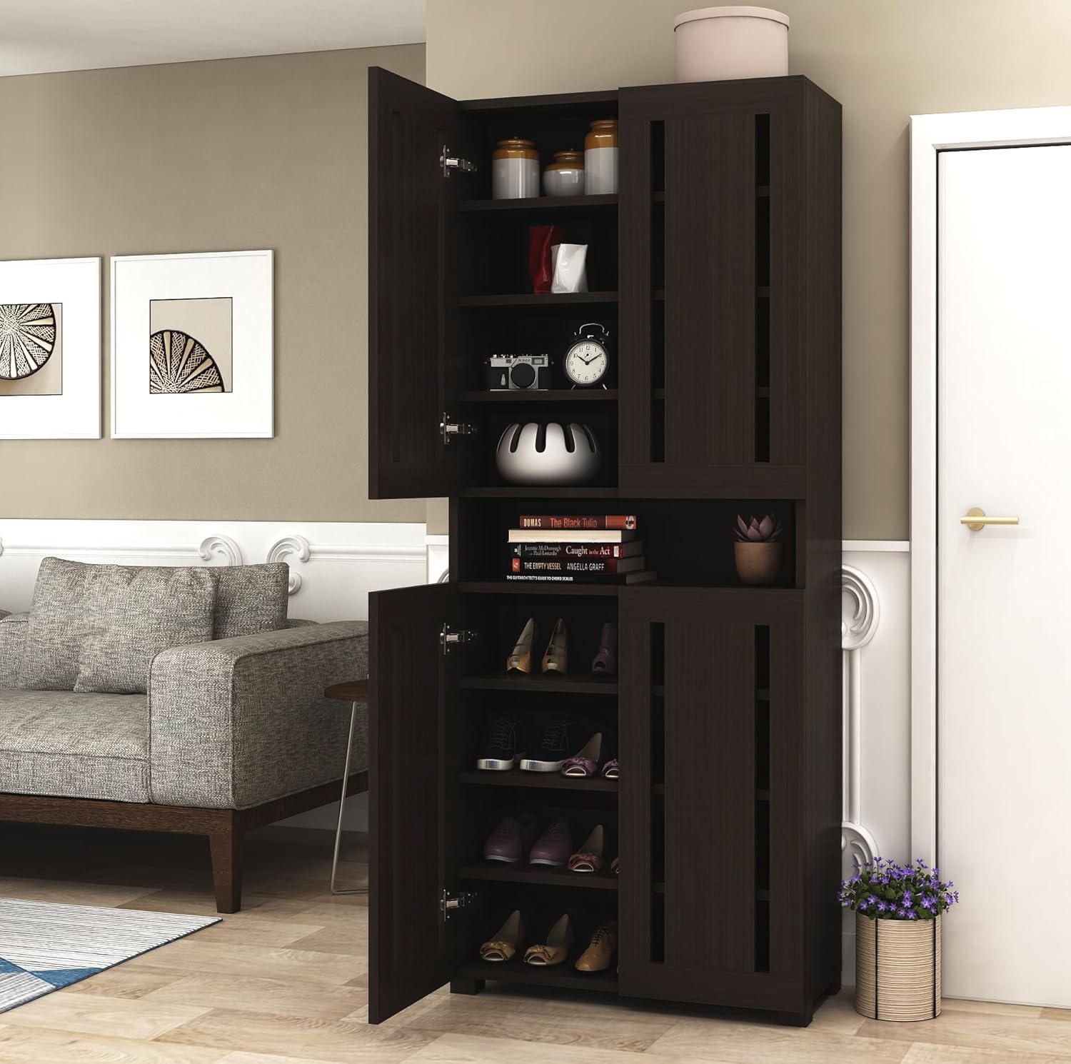 Furniva Skyline 6 Feet Wooden 2 Door Shoe Rack Cabinet | 9 Shelf Multipurpose Shoe Organizer for Home & Hallway | Engineered Wood with Airflow Slots | DIY Assembly | 1 Year Warranty (Wenge)
