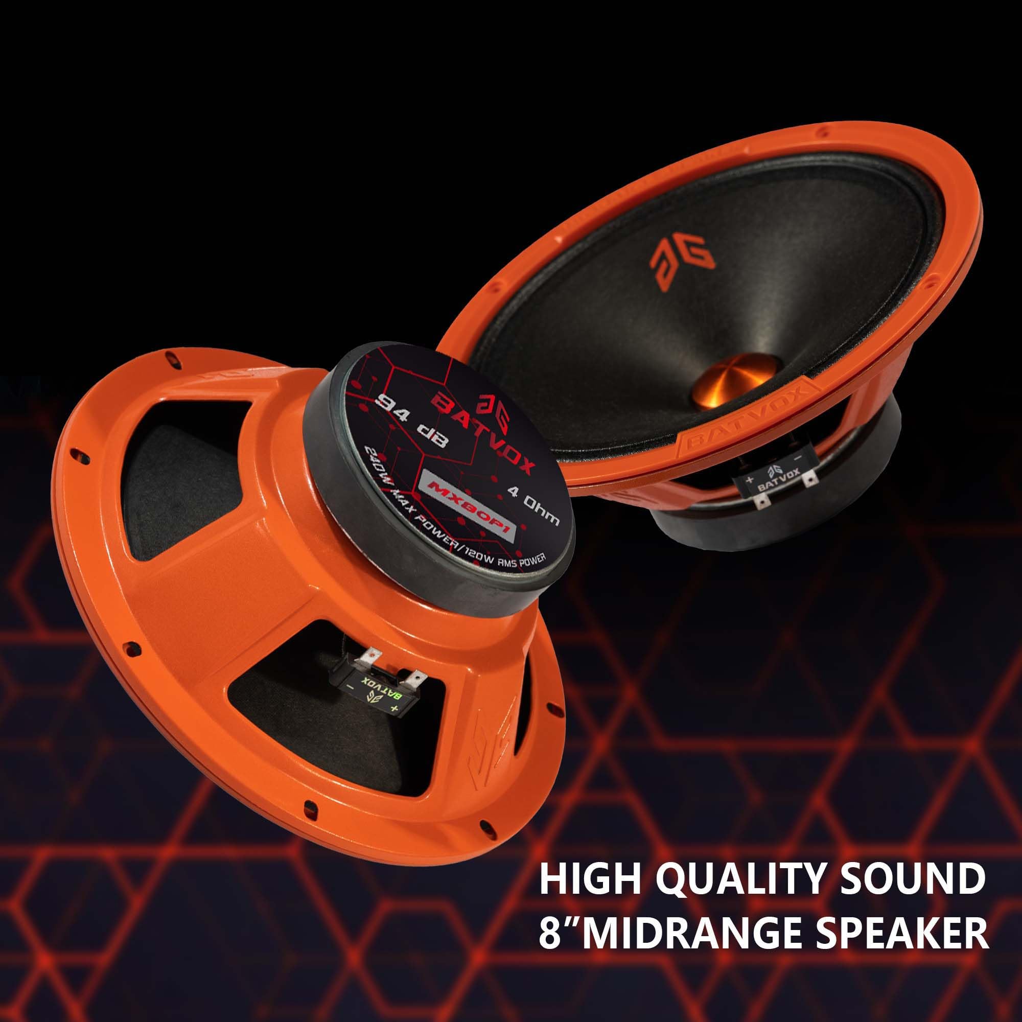 MX80P1 - Altavoz de 8 pulgadas, 4 ohmios, tapa antipolvo naranja, potencia máxima de 240 W Rms, potencia de 120 W, altavoz de rango medio para audio de coche, naranja (2 altavoces)