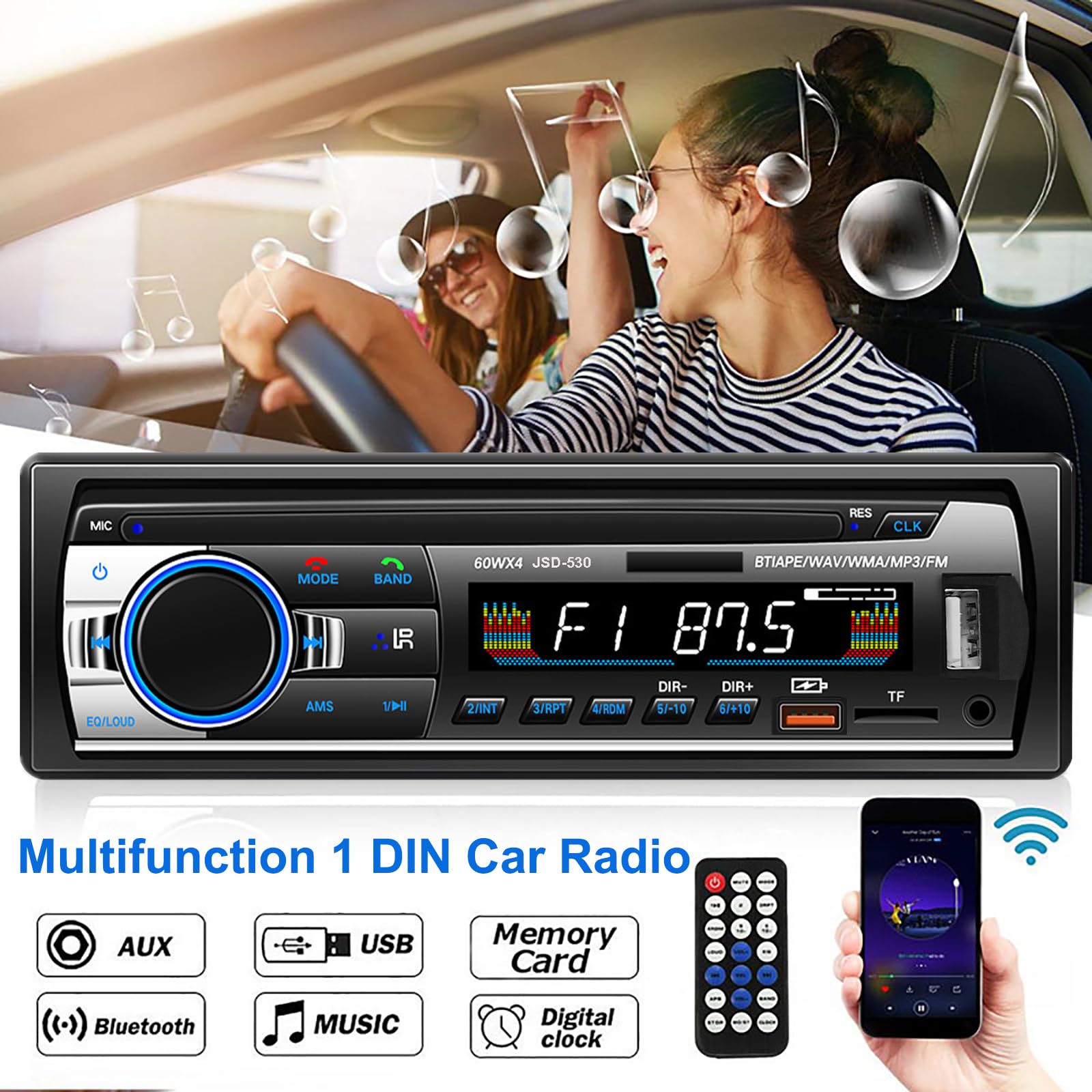 Autoradio Bluetooth 5.0, 4x60W 1 Din FM Auto Radio mit Freisprechfunktion, Stereo-Sound mit Uhr/Fernbedienung/Doppel-USB/LCD Bildschirm Unterstützt 2 USB/AUX/SD/TF/EQ/DSP