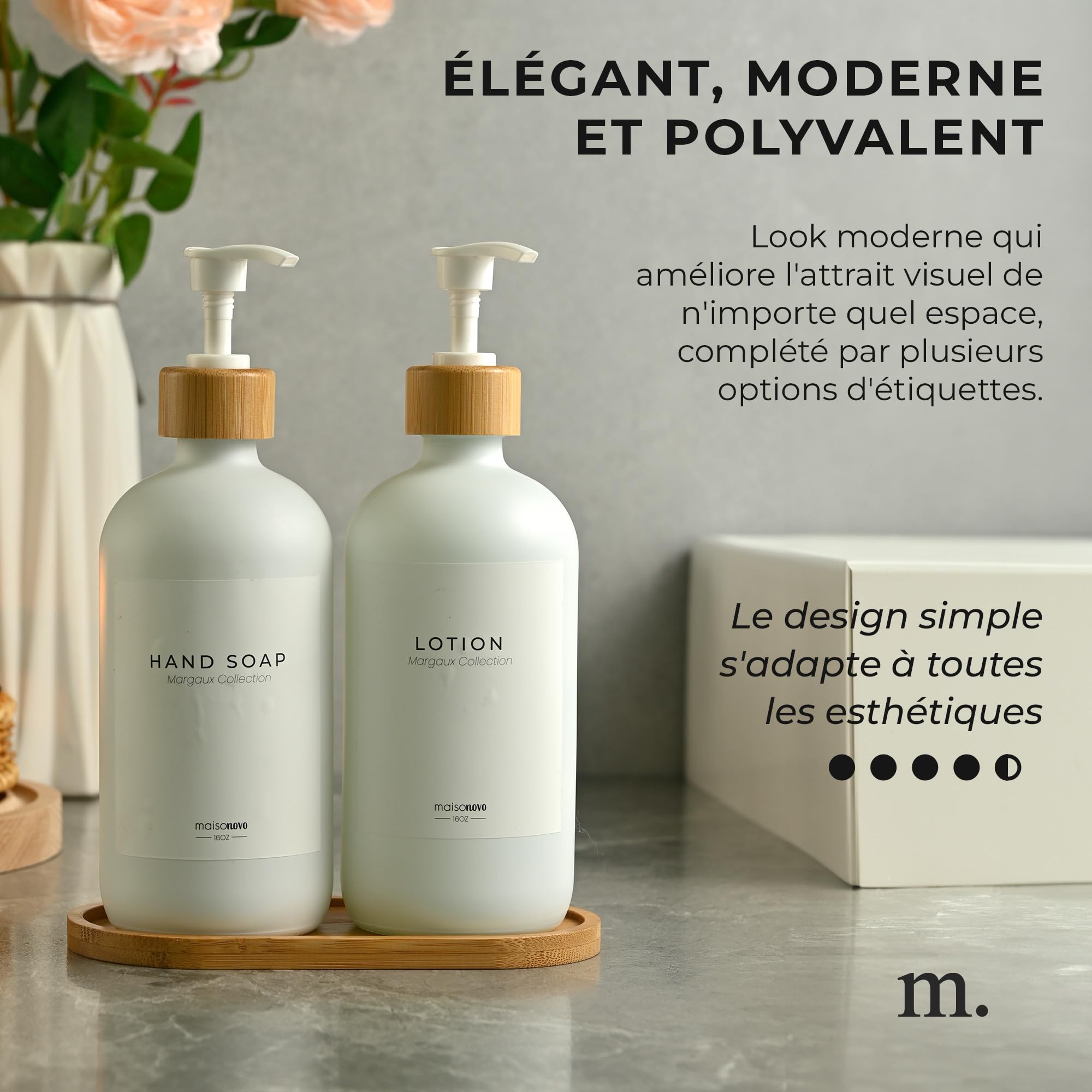 MaisoNovo Distributeur Savon Verre Salle De Bain Lot de 2 - Blanc Distributeurs De Savon Et De Lotion avec Pompe Blanche Bambou, Plateau