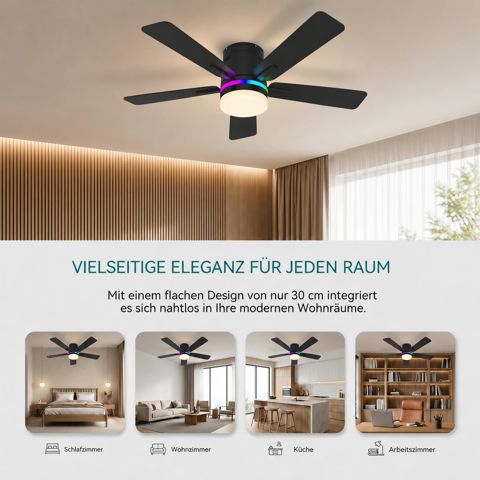 Deckenventilator mit RGB-Beleuchtung Schlafzimmer | Fernbedienung& App, 6 Stufen, Timer, 3CCT LED, Sommer-/Wintermodus, 5 Doppelseitige Flügel, Schwarz, für Wohn- & Schlafzimmer