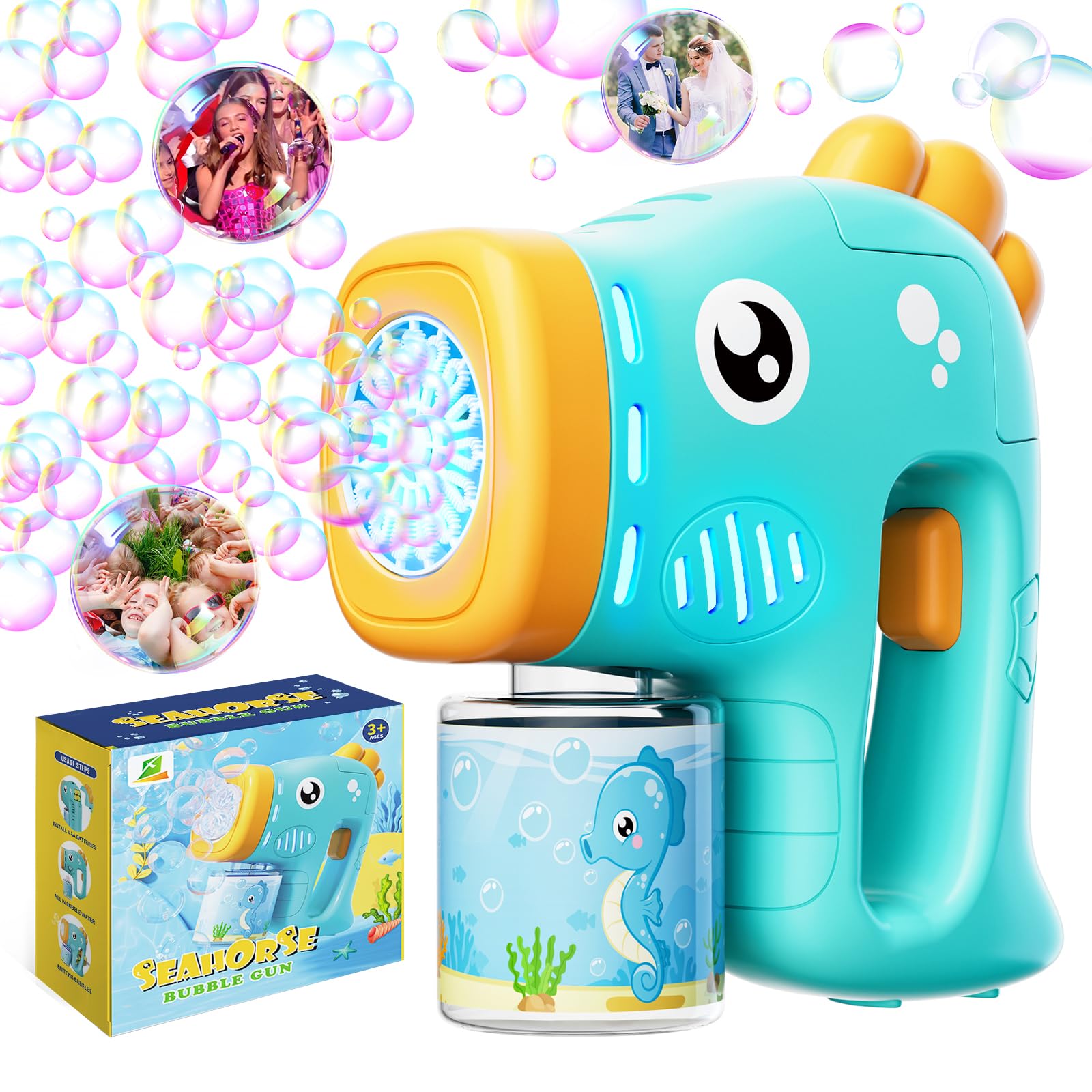 Panamalar Pistola de Burbujas para niños, Maquina de Burbujas de Jabon Portatil 8000+ Burbujas/Min, Pistola de Pompas con 12 Agujeros/Solucion/Luces para Fiestas Bodas Al Aire Libre Cumpleaños-Azul