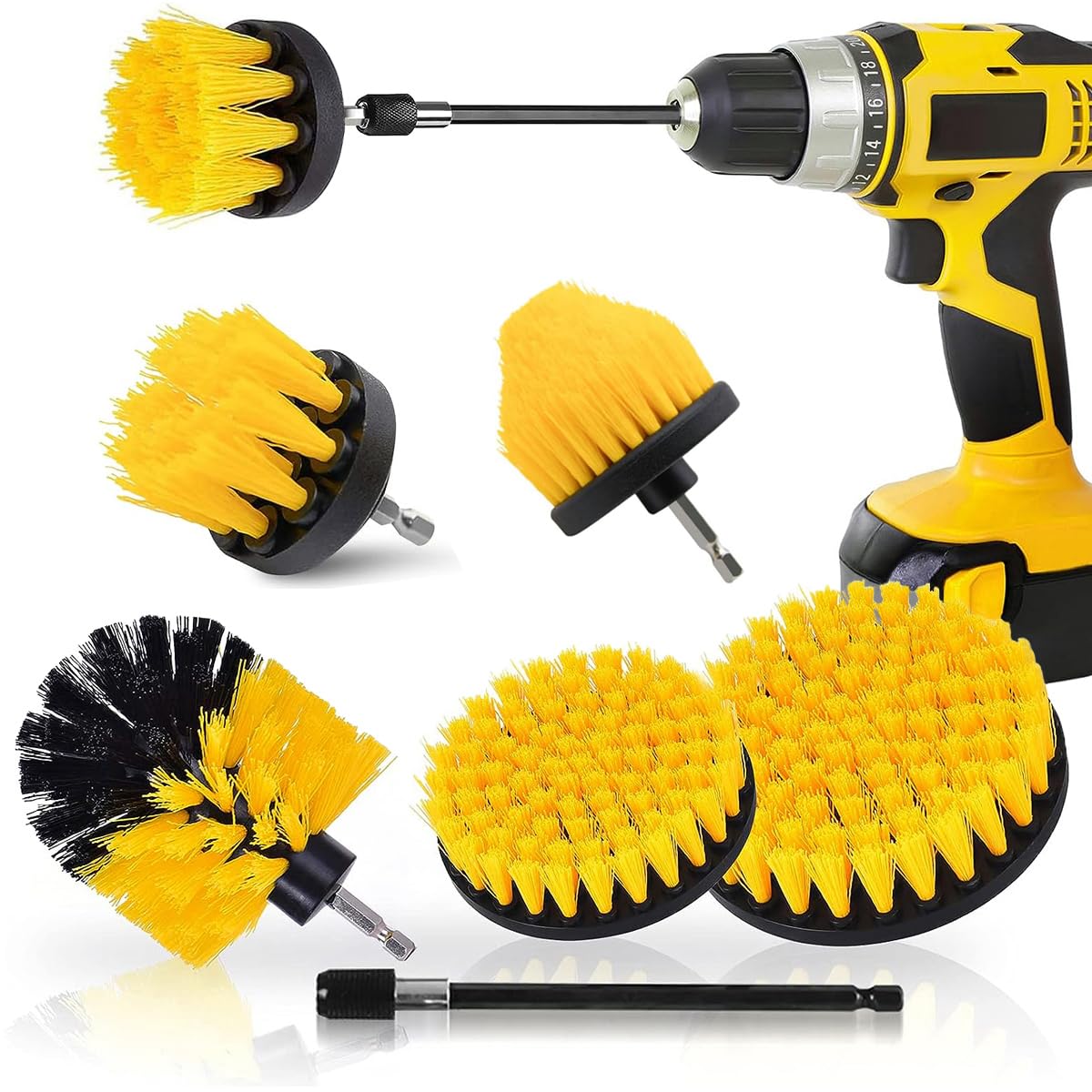 Sliva Drill Brush Attachment Set, 5 Pcs Power Scrubber Brush With Extend Long Attachment For Cleaning Floor, Carpet, Tile, Grout, Car Wheels, Toilet, Bathroom, Kitchen, Yellow