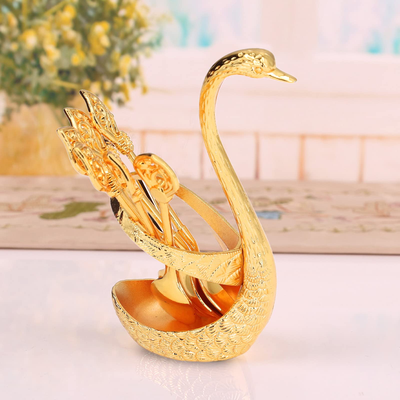 Set di cucchiaini da caffè a forma di cigno con supporto, supporto base decorativo a forma di cigno dorato con set di forchette da dessert, 6 cucchiai da dessert dorati per caffè