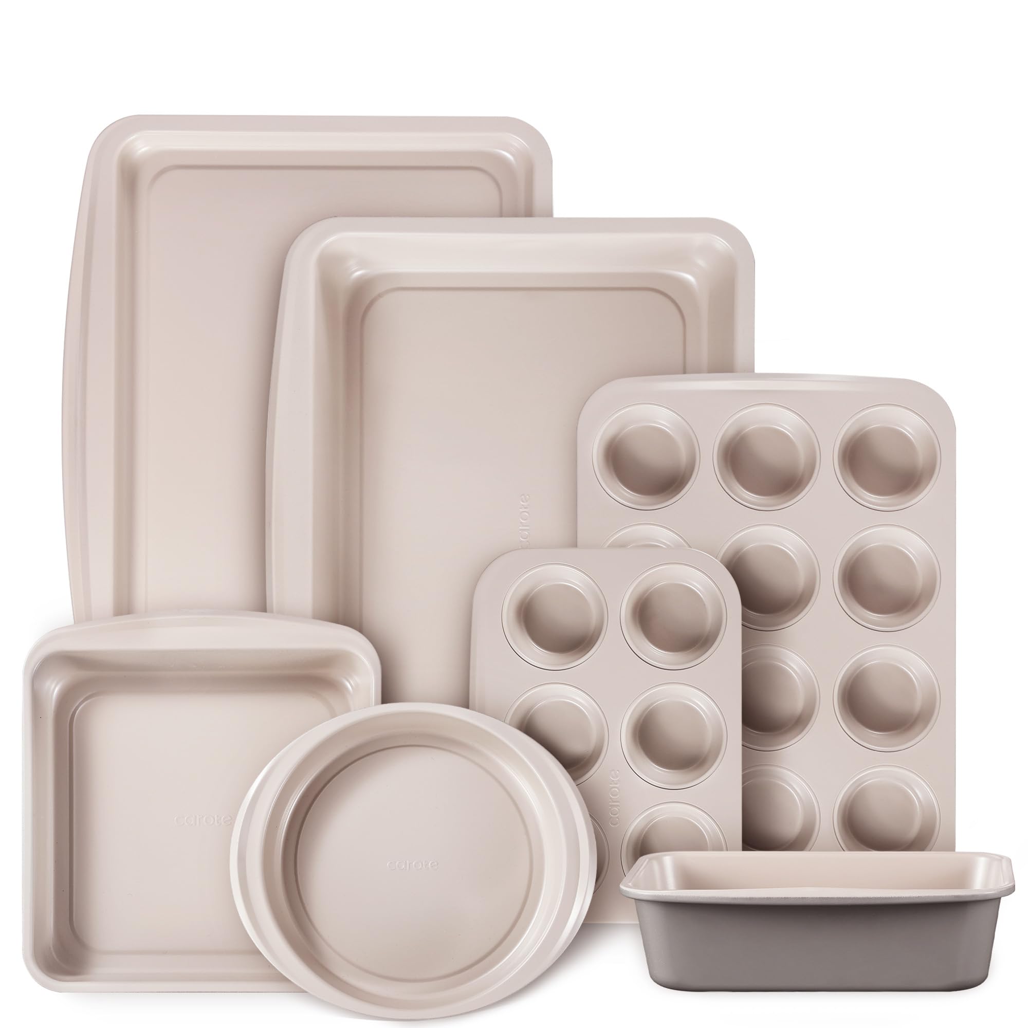 CAROTE 7-Piece Nonstick Stackable Baking Pans Set - Bakeware Sets Including Cookie Sheets for Baking, Muffin Pan, Bread Pan, Cake pan, Loaf Pan, Roasting Pan, Gray & Khaki