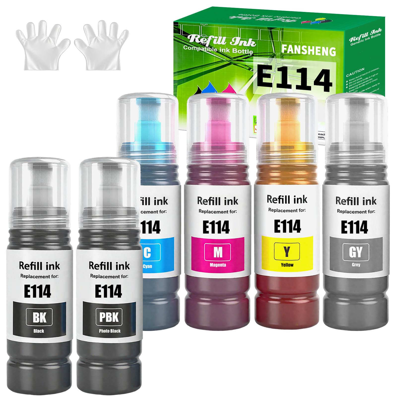 114 Inchiostro Compatibile con Epson 114 Flaconi di Inchiostro per Ecotank ET-8500 ET-8550 (6 Pack, Nero/Foto Nero/Ciano/Magenta/Giallo/Grigio)