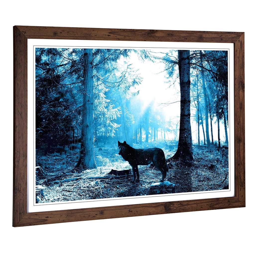 Big Box Art Framed Print of Wolf in The Blue Forest Design | Wall Art Picture | Home Decor for Kitchen, Living, Dining Room, Bedroom, Hallway, Office, Walnut, A2 / 24.5x18 Inch / 62x45cm