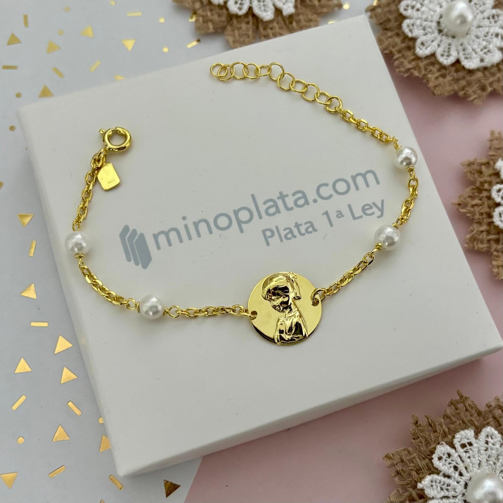 Pulsera infantil Virgen Niña de Plata chapada en Oro con Perlas