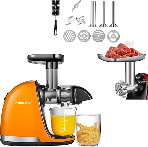 AMZCHEF Paquete de exprimidor de masticación lenta con accesorio para picadora de carne exprimidor de prensa fría con motor silencioso y función