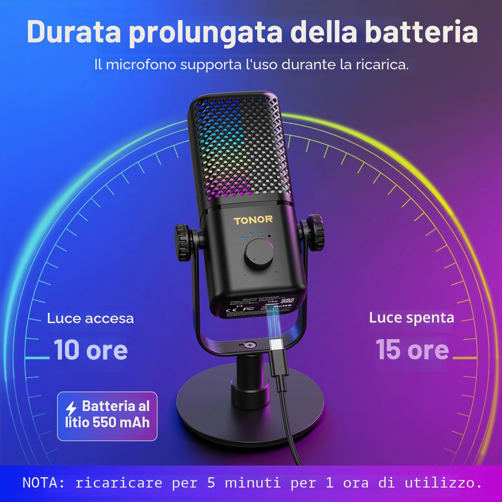TONOR Microfono Wireless Gaming, Compatibile con Xbox & Schede Capture, Microfono Senza Fili a Condensatore RGB, Monitoraggio,Disattivazione,Volume Regolabile,Durata Della Batteria 15 Ore, TCX3 Flow