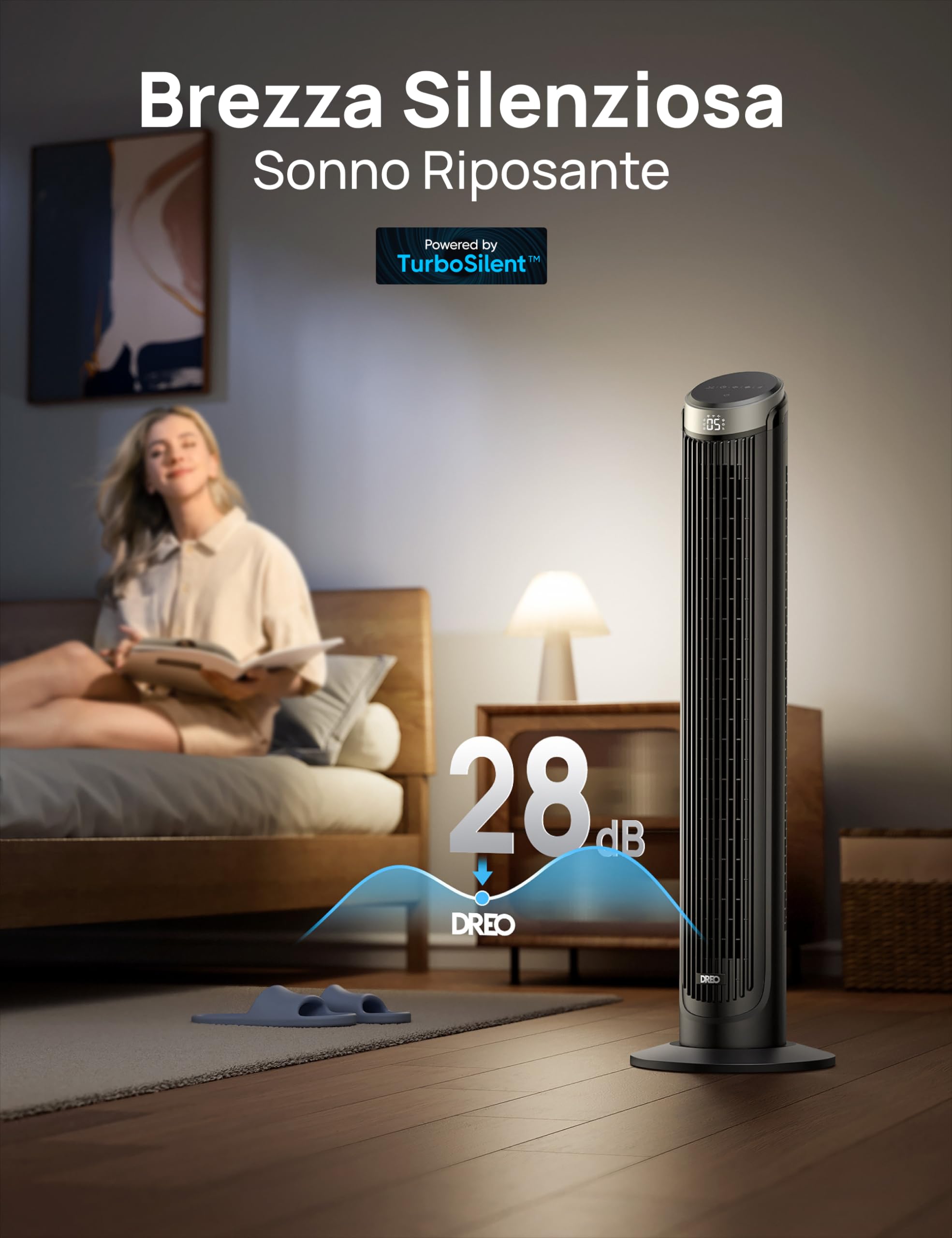DREO Smart Ventilatore a Torre Silenzioso, Oscillazione a 90°, Ventilatore con Telecomando per Camera da Letto, 7.9m/s, 5 Livelli, 4 Modalità, Touch/Telecomando/App & Vocale, Alexa, 12H Timer, Argento