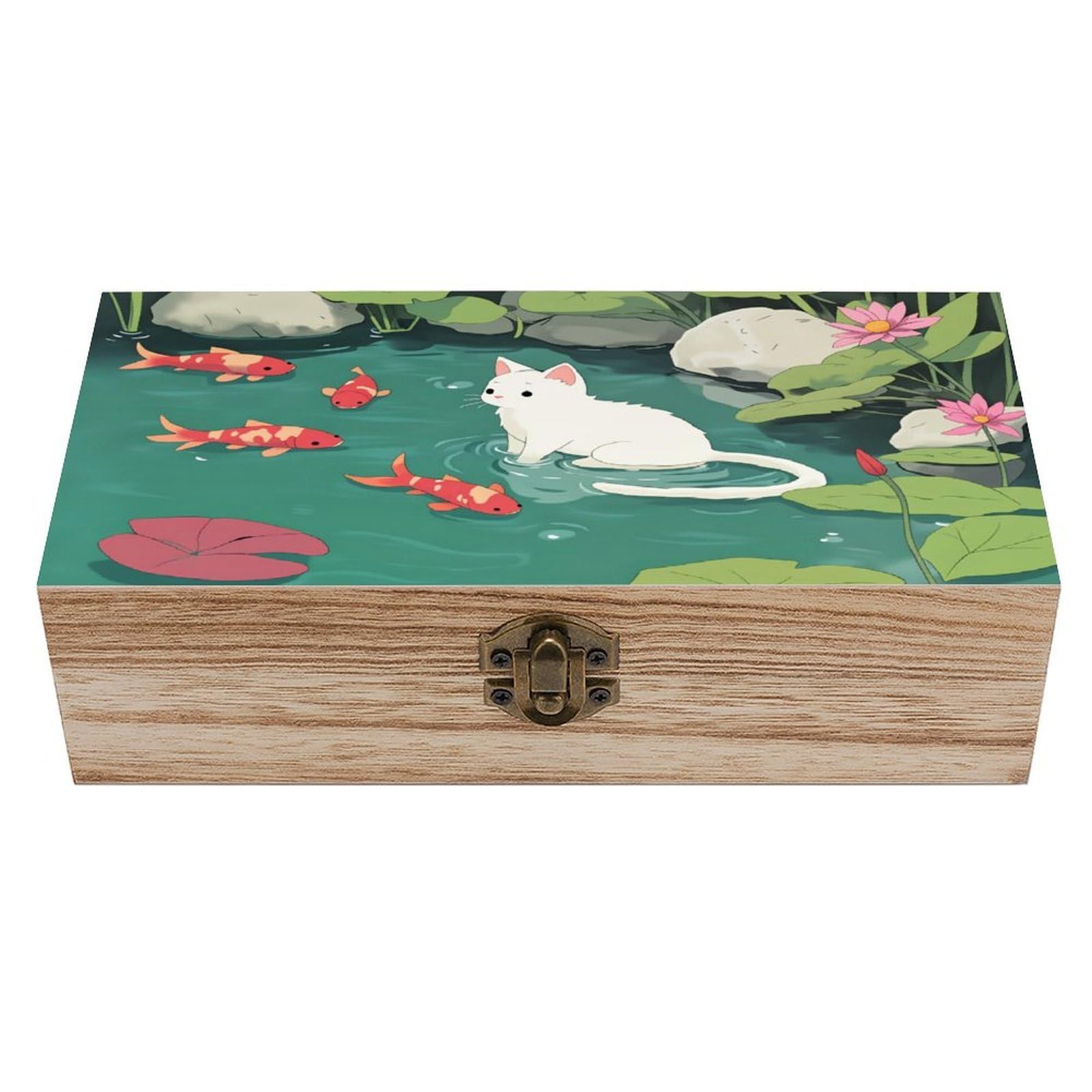 asbwuo Cat And Fish Vintage Wooden Keepsake Box