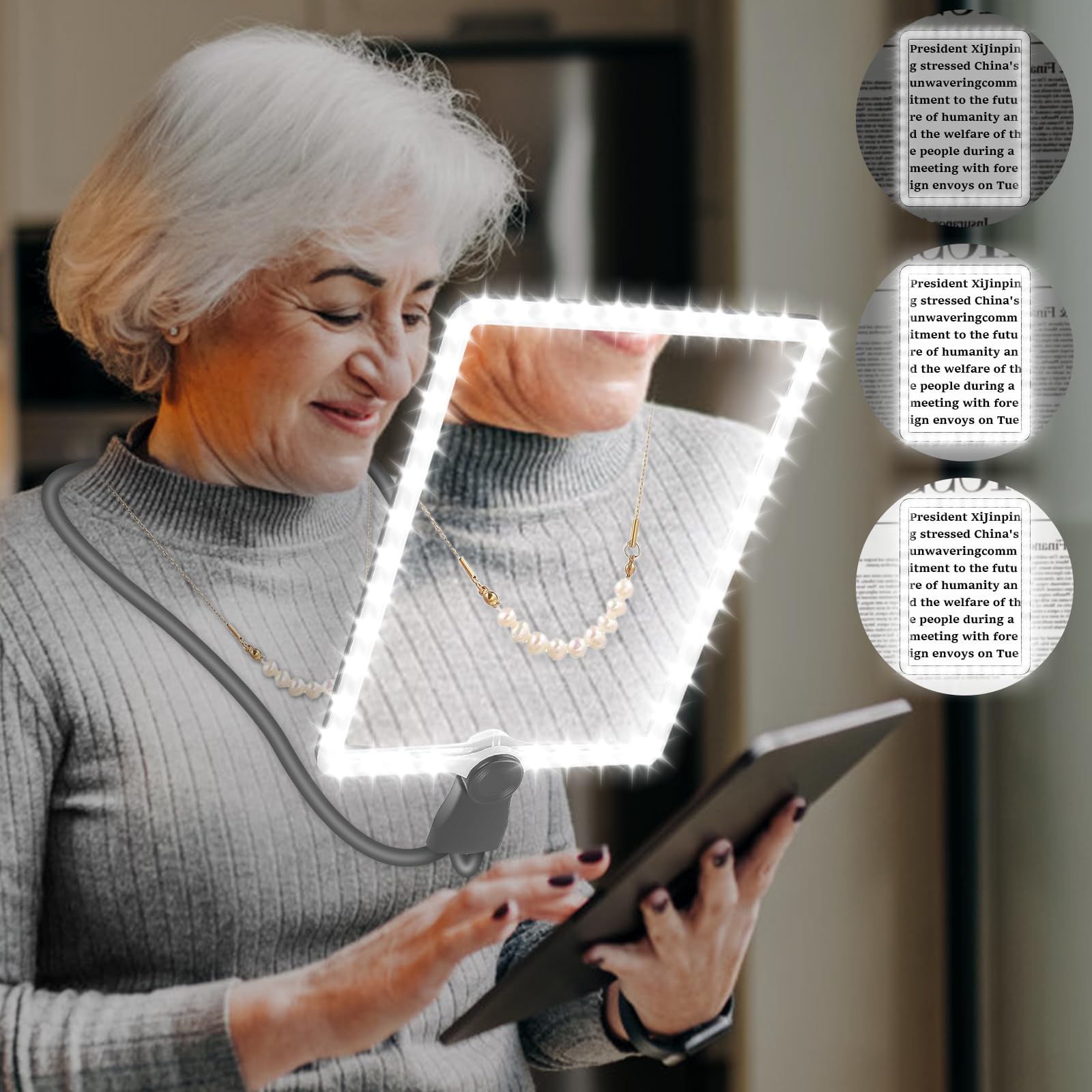 10X Large Rechargeable Magnifying Glass for Reading with Light Hands-Free Magnifying Glasses with Flexible Gooseneck Full Book Page Magnifier Sheet for Repair, Sewing Low Vision Seniors Grey 0111