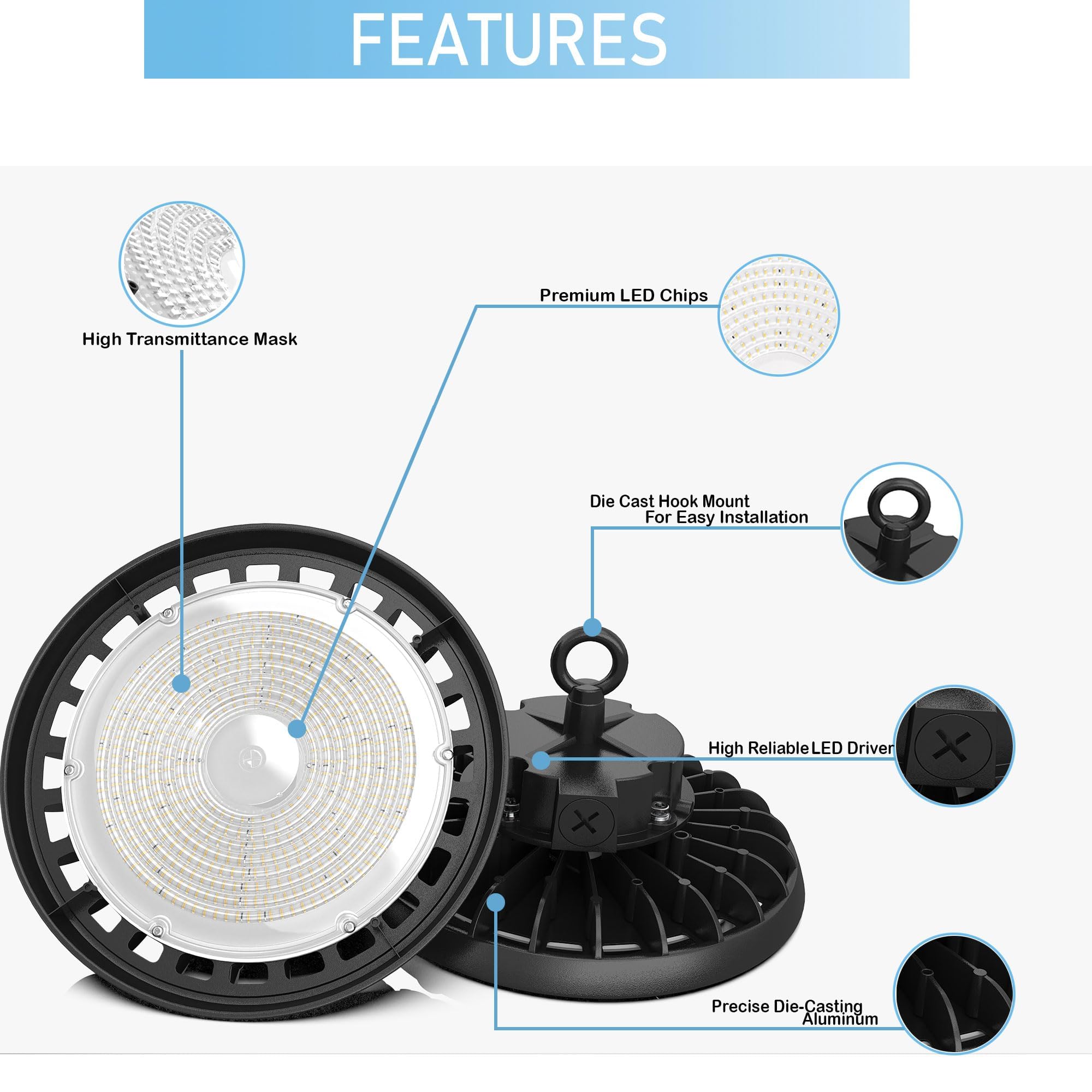 LEDMyplace 240W UFO LED High Bay Light, 5700K Cool White, 0-10V Dimmable, 37200 Lumens, IP65 Rated, UL & DLC Approved Commercial Hanging Shop Lights (Pack Of 10) For Warehoe Garage Factory Gym