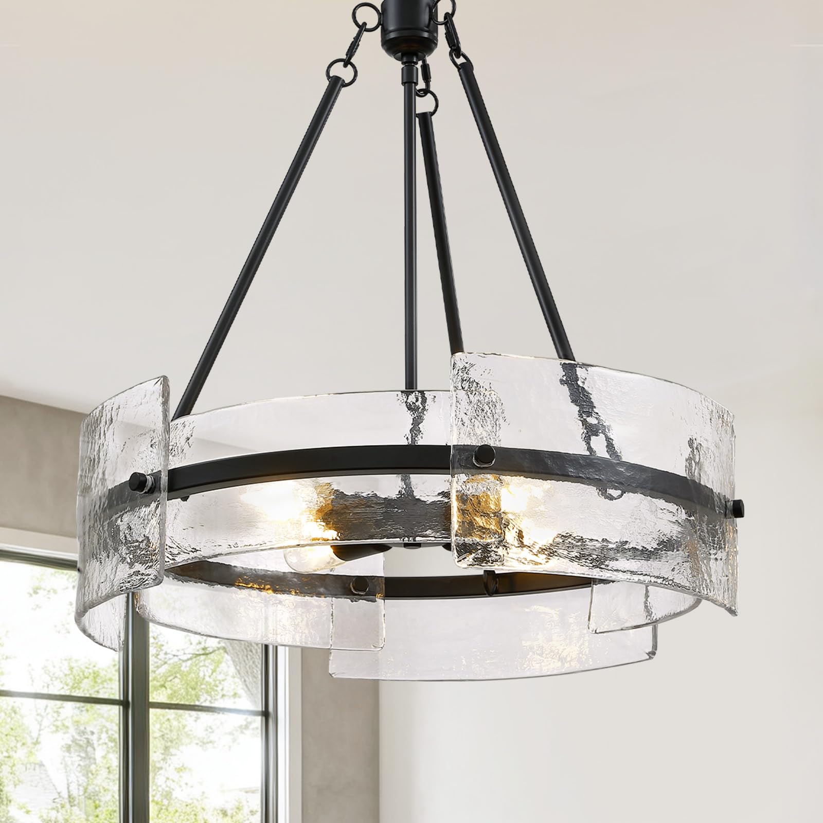 Photo 1 of Siljoy 24" Black Chandelier, Glass Chandeliers for Dining Room, Round Farmhouse Chandelier with Textured Glass, Farmhouse Dining Room Light Fixtures Over Table, Drum Chandelier for Bedroom Living Room