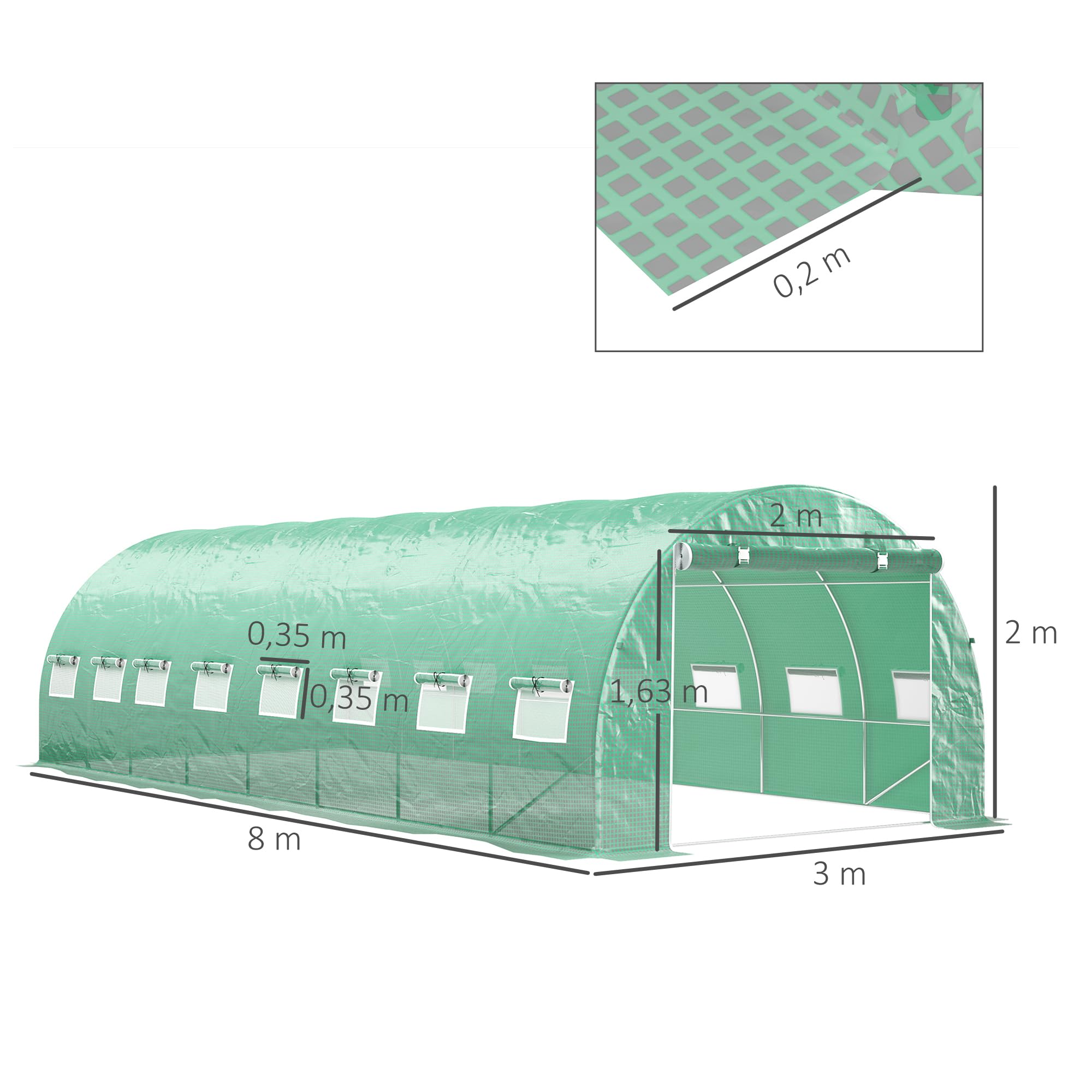 Outsunny Serre de Jardin Tunnel 24m² 8L x 3l x 2H m 16 fenêtres Porte zippée Enroulable châssis Tubulaire Acier galvanisé bâche PE Haute densité Vert
