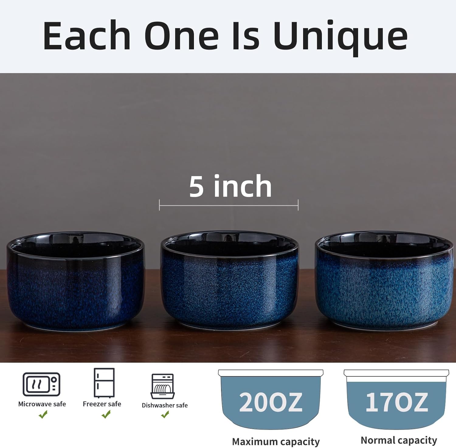 Ceramic Bowls Set with Lids: Set of 4 Microwave Safe Bowls for Soup Meal Prep Cereal Salad Fruit - Food Storage Containers with Lids for Work Lunch Pinic Camping - Glaze Blue A