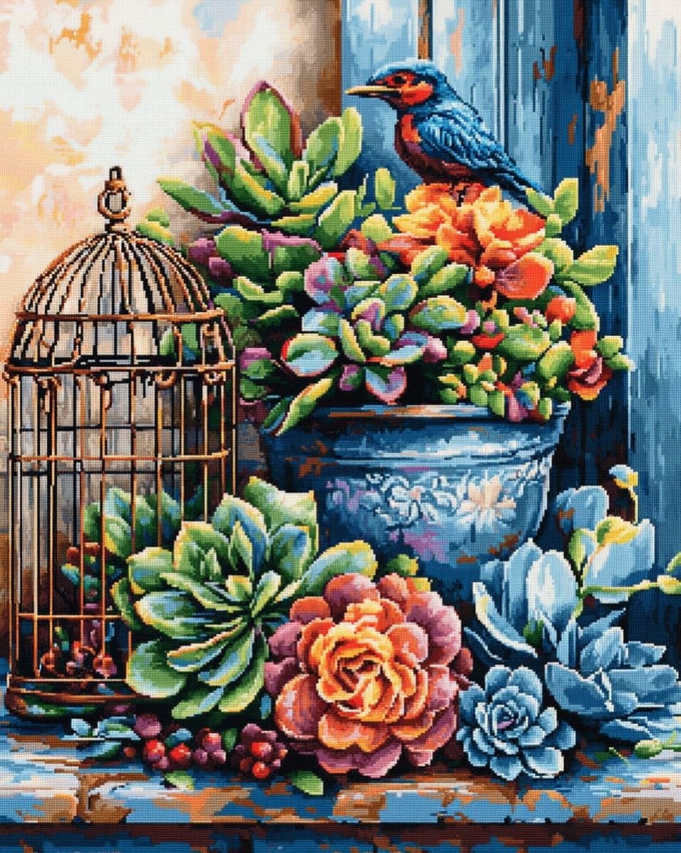 WallustrioaW Art Pre Printed Cross Stitch Kits for Adults Beginners,Succulents and birdcages,11CT Stamped Embroidery Kit Wall Art Home Decor,16x20in