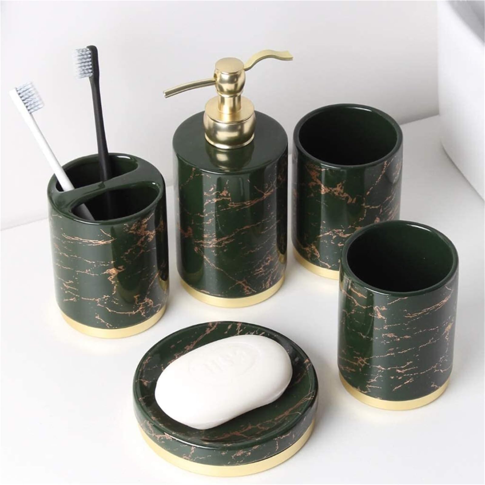 Juegos de Accesorios de Baño Juego de cerámica de mármol de 5 Piezas Que Incluye jabonera, Porta cepillos de Dientes y dispensador de loción. Decoración Rústica