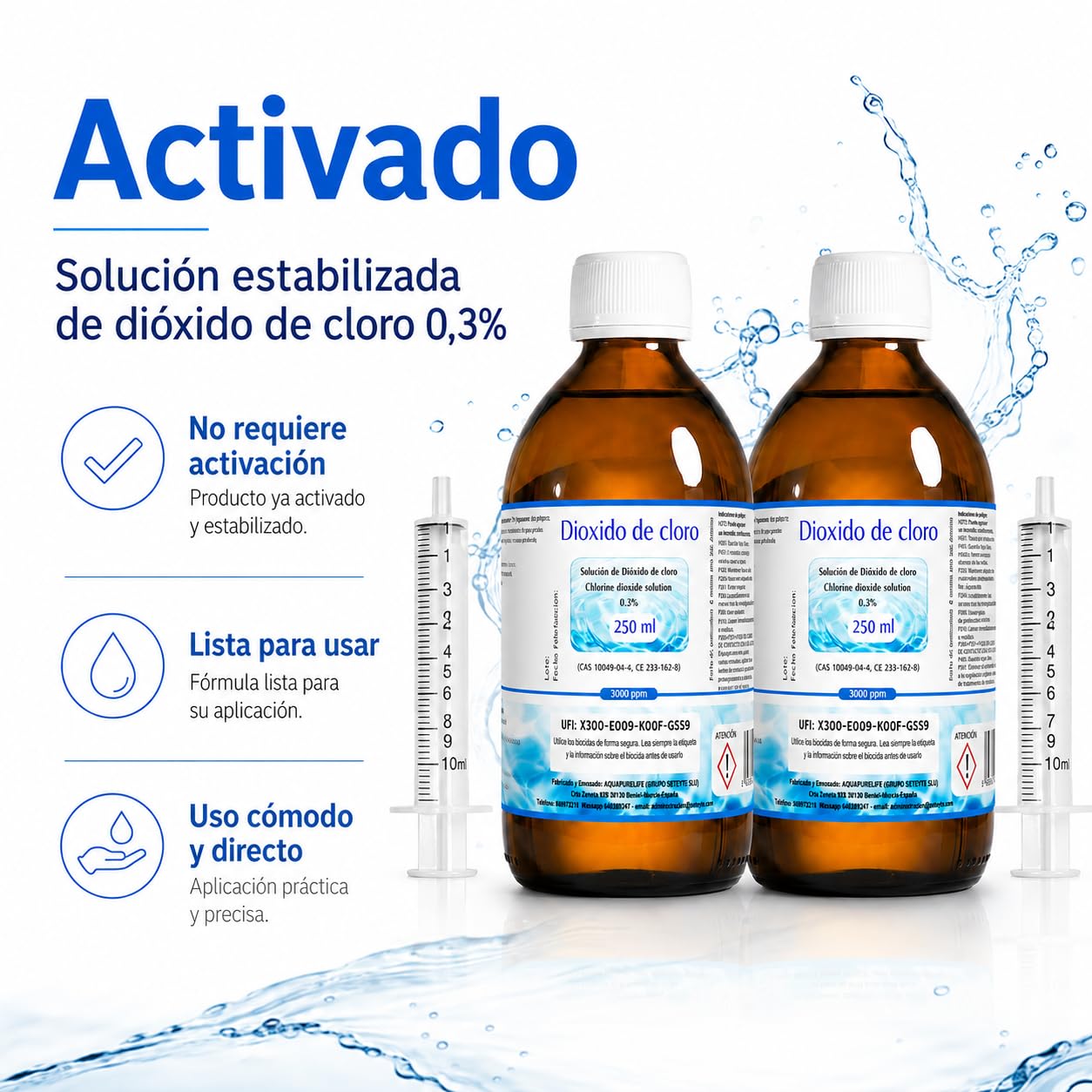 Dióxido de Cloro 3000 ppm - CDS | CDL - Envasado en Botella de Cristal Ámbar - 2 Botellas 250ml = 500ml - Compra Ahorro - Fabricado en España