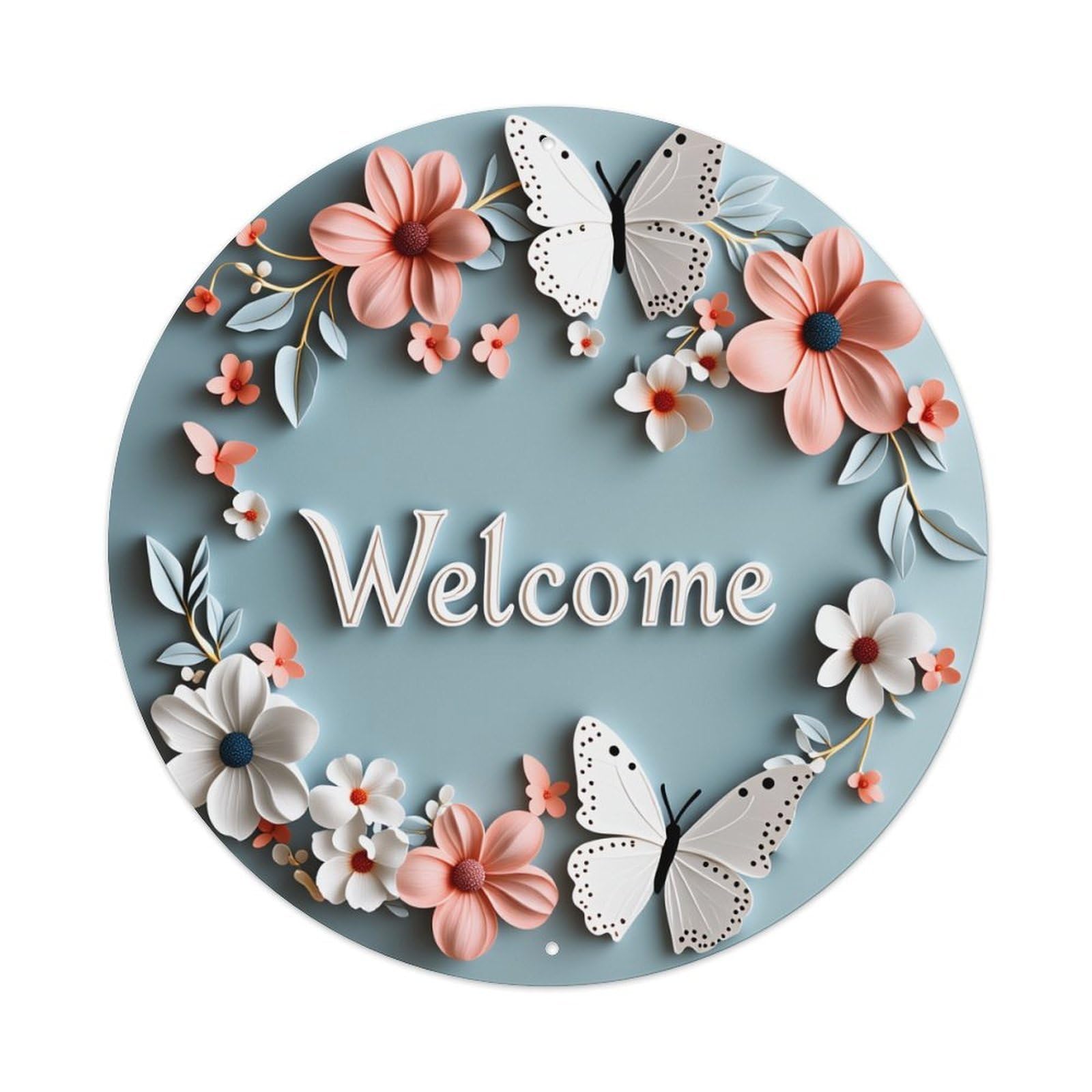 Floral Wreath With Butterflies And Welcome Text Round Vintage Tin Sign,Retro Wall Art,Metal Poster for Home, Bar, Garage, Cafe, Rustic Indoor & Outdoor Decor, 8x8 Inches