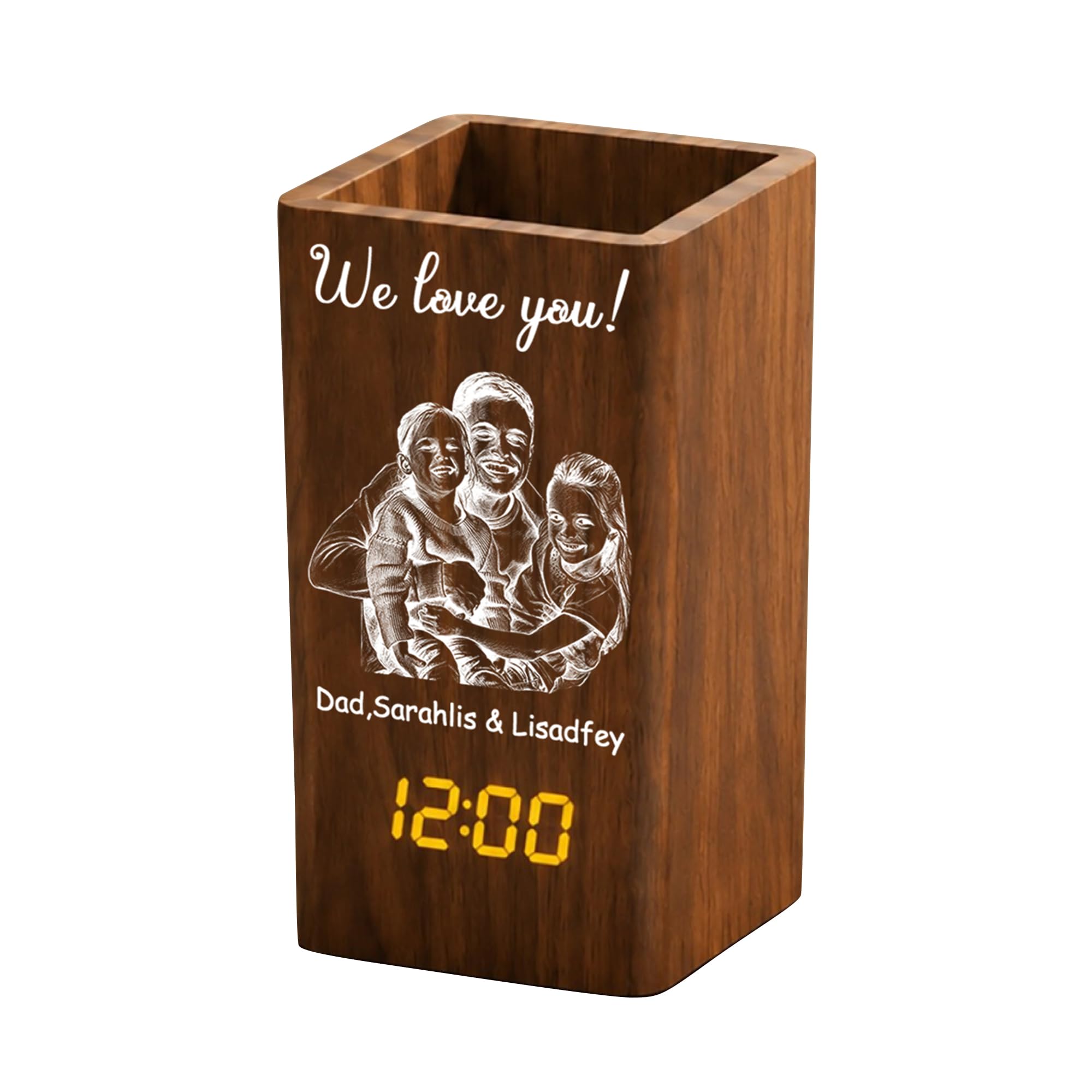BFHEFGSUU Personalised Photo Pencil Pot With Clock Funny Clock Pen Holder Desktop Decor Gift Dad Couple Family Father's Day Birthday Xmas (S 09)