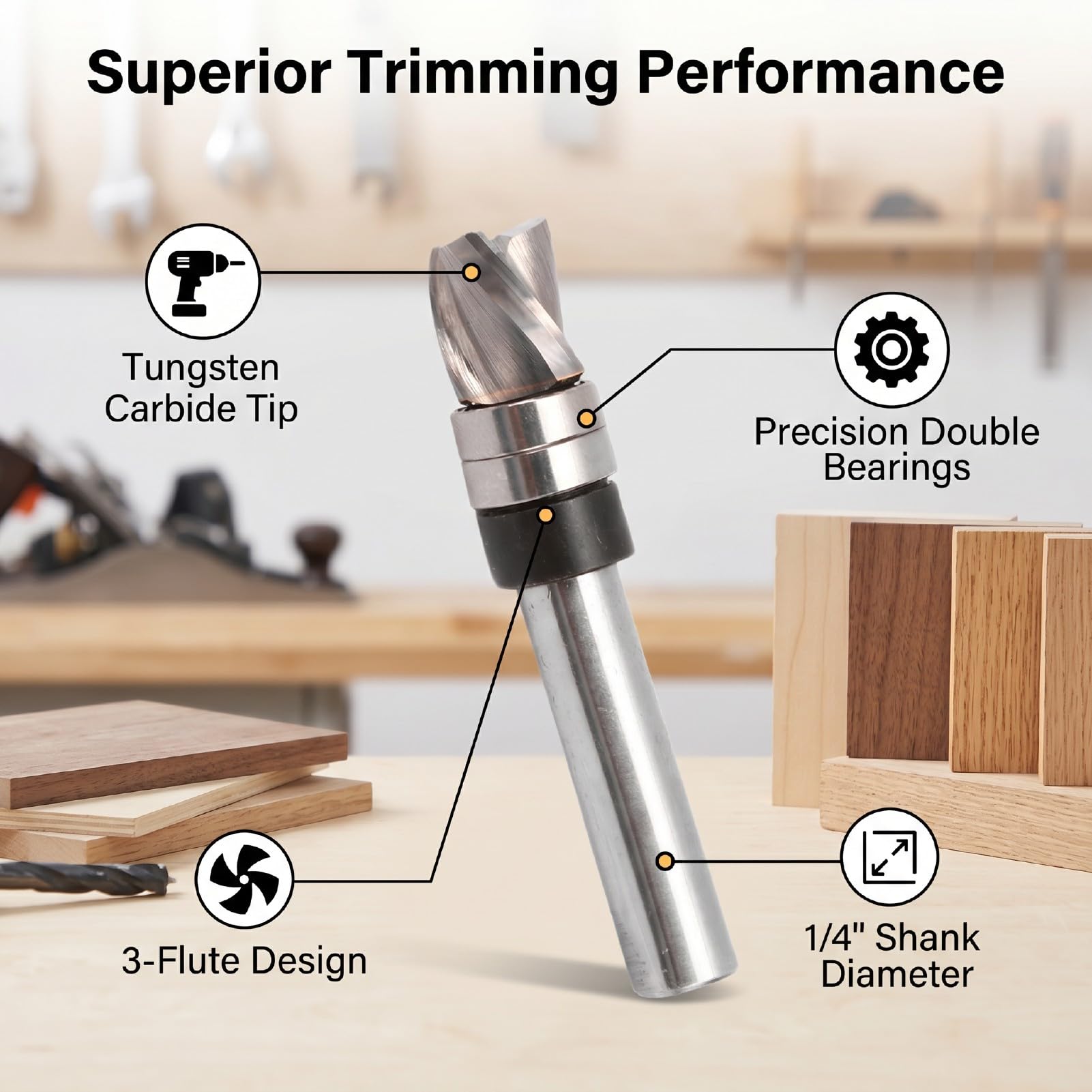 Jiawu Punta per Fresatura a Filo, 3 Taglienti con Gambo da 1/4 di Pollice Punta per Modello Cuscinetto Superiore, Punte per Fresatura per Legno con Puntas in Carburo