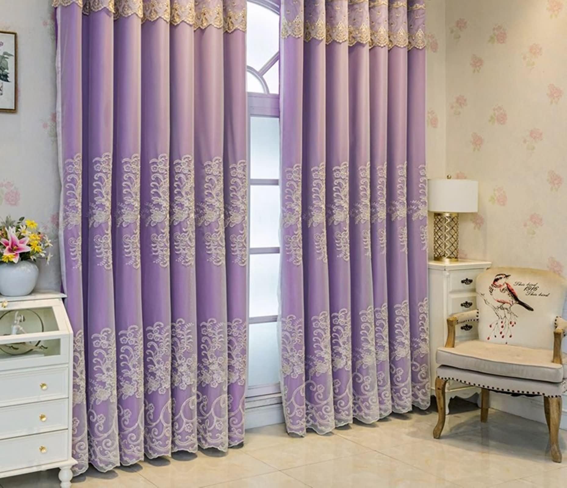 Rideaux opaques violet pour chambre romantique voilage gaze brodée 2 pièces