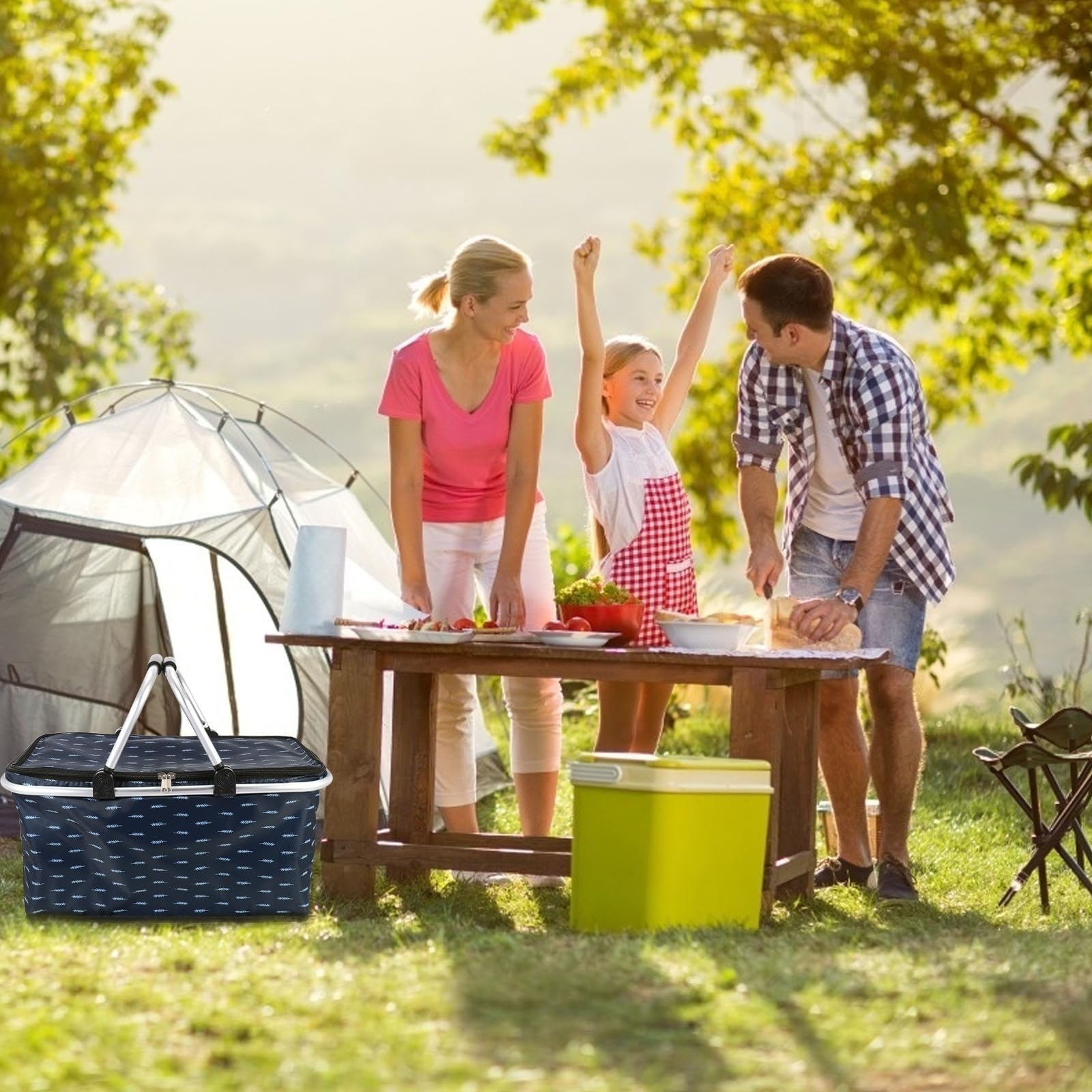 FOMIYES Paquet Isotherme 30l Portable pour Repas à Emporter, Grand Paquet de Pique-niques Bleu Motif Plume, Maintien Chaud Frais, Glaciere Souple pour Livraison et Usage Extérieur