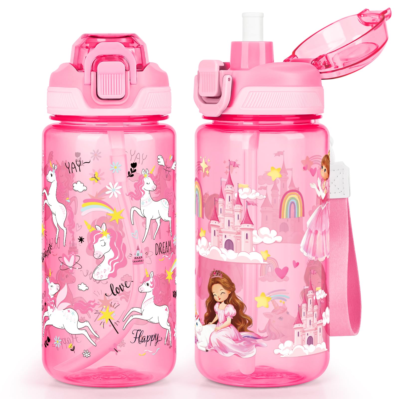 wooshwa Kids Water Bottle for School, 2-Pack 600ml Leakproof 2-in-1 Water Bottle with a Pop-up Detachbale Straw, Dishwasher Safe (Unicorn/Princess)