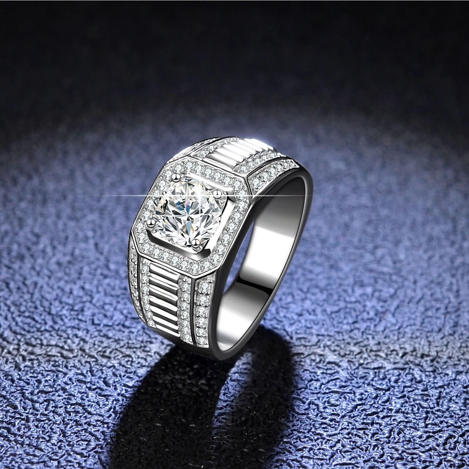 Anillo para hombre de plata ancha, anillos para hombre punk redondo con moissanite de 1 quilates de plata de 18 quilates y oro blanco, talla 53 (16,9)