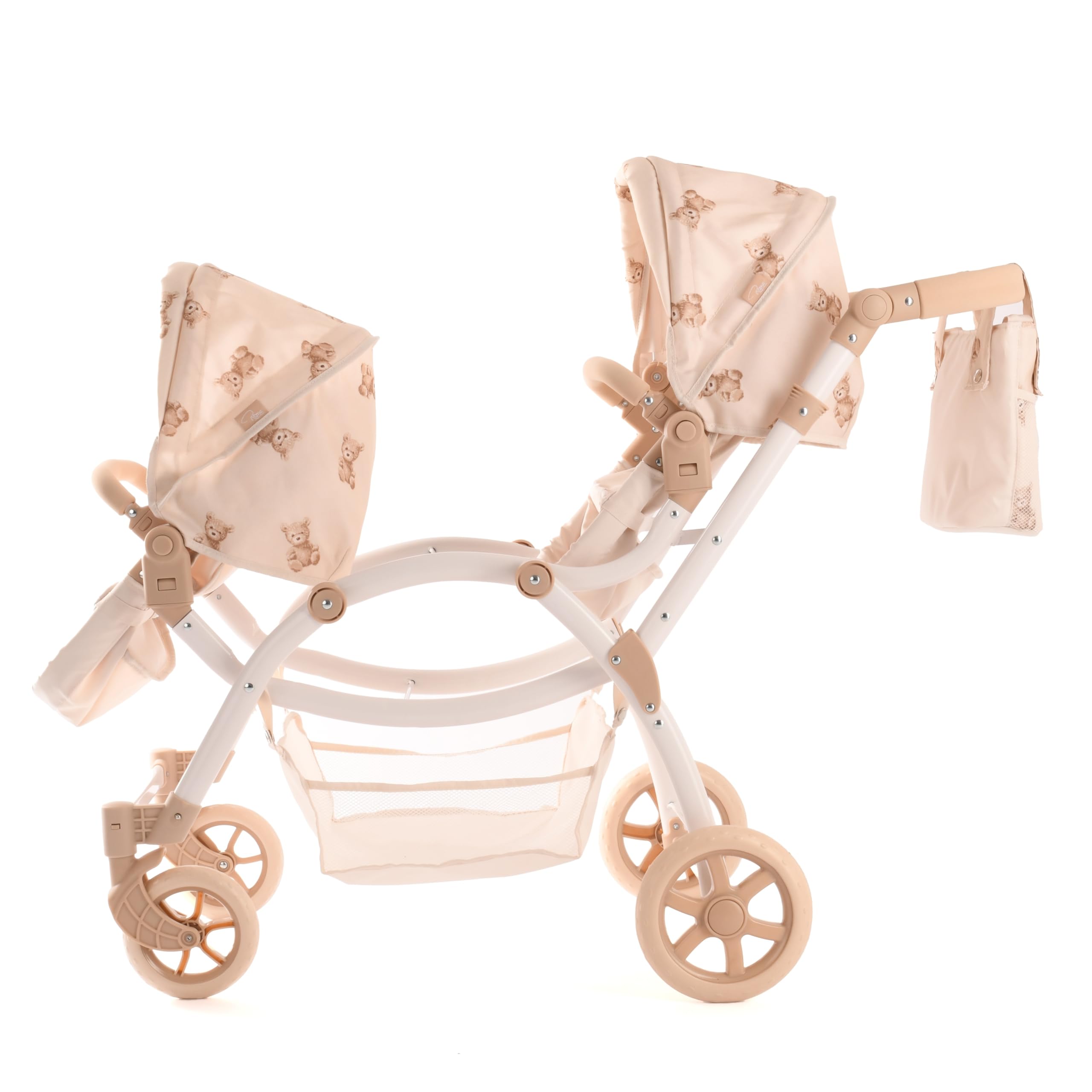 Teddy Twin Luksusowy Wózek dla Lalek Bliźniaków – Podwójny 3w1, Kremowy w Misie – Regulowana Rączka (50-88 cm) – Dla Dzieci 3-7 Lat