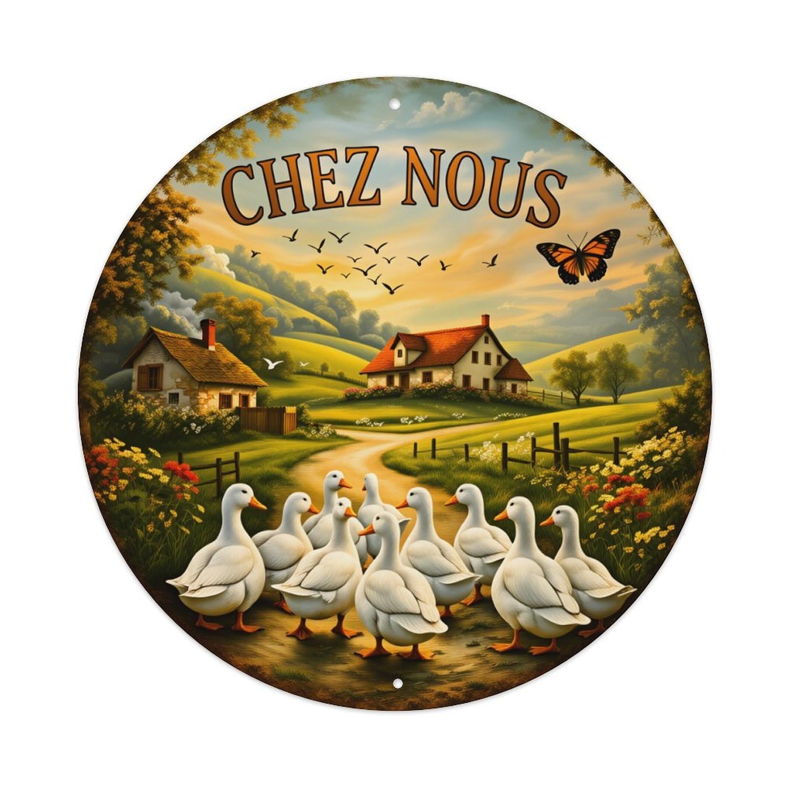 Wmlzdnwr Vintage Ducks Walking Path Farmhouse Hills Butterflies Sky Trees Flowers Round Tin Sign,Retro Wall Art,Metal Poster For Home, Bar, Garage, Cafe, Rustic Indoor & Outdoor Decor, 8X8 Inches