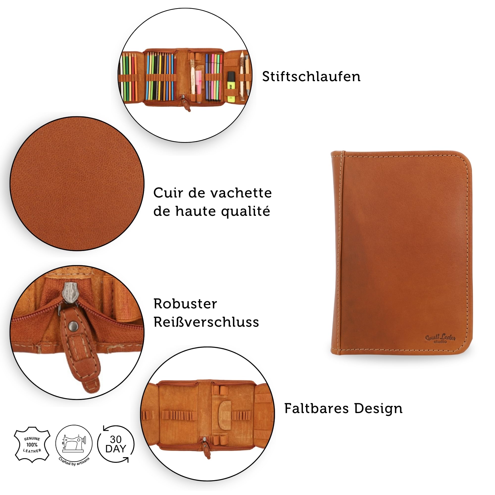 Gusti Leder Trousse À Crayons en Cuir Vintage Marron Yannick – Trousse pour Adultes avec Fermeture Éclair, Trousse À Crayons en Cuir Véritable pour Le Bureau, L'École, Les Créatifs