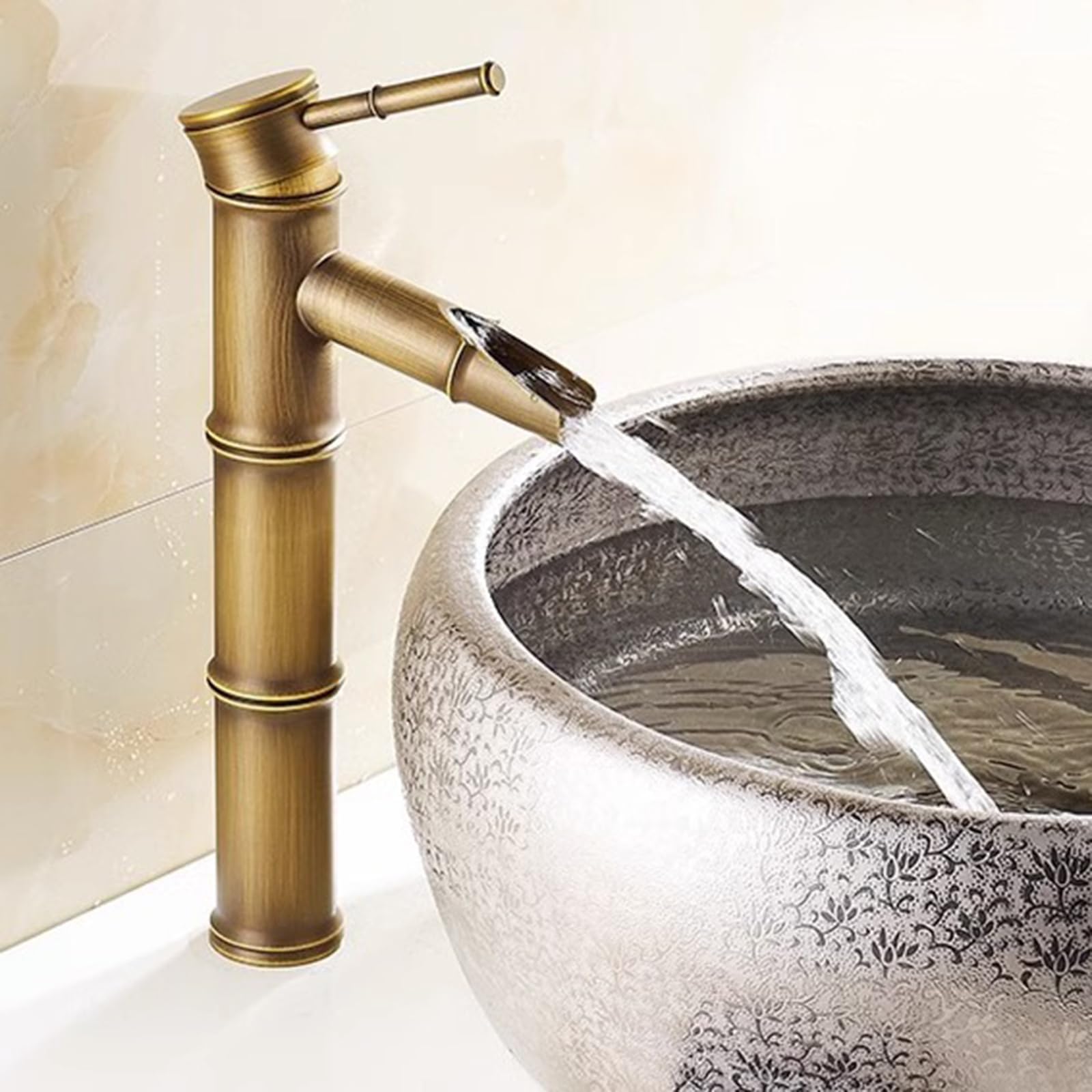 Grifo para Lavabo de Baño Caño Alto Bambú Vintage Grifo Lavabo Cascada Grifo Latón Un Solo Orificio,Antiguo