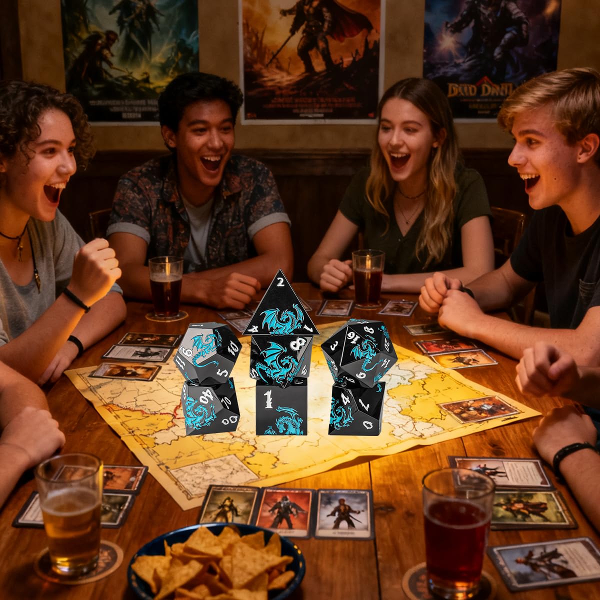 Metal Dice Set, Flat Face Black Blue Dragon Pattern, 7pcs Polyhedral Metal DND Dice Set, DND Starter Set - Image 4