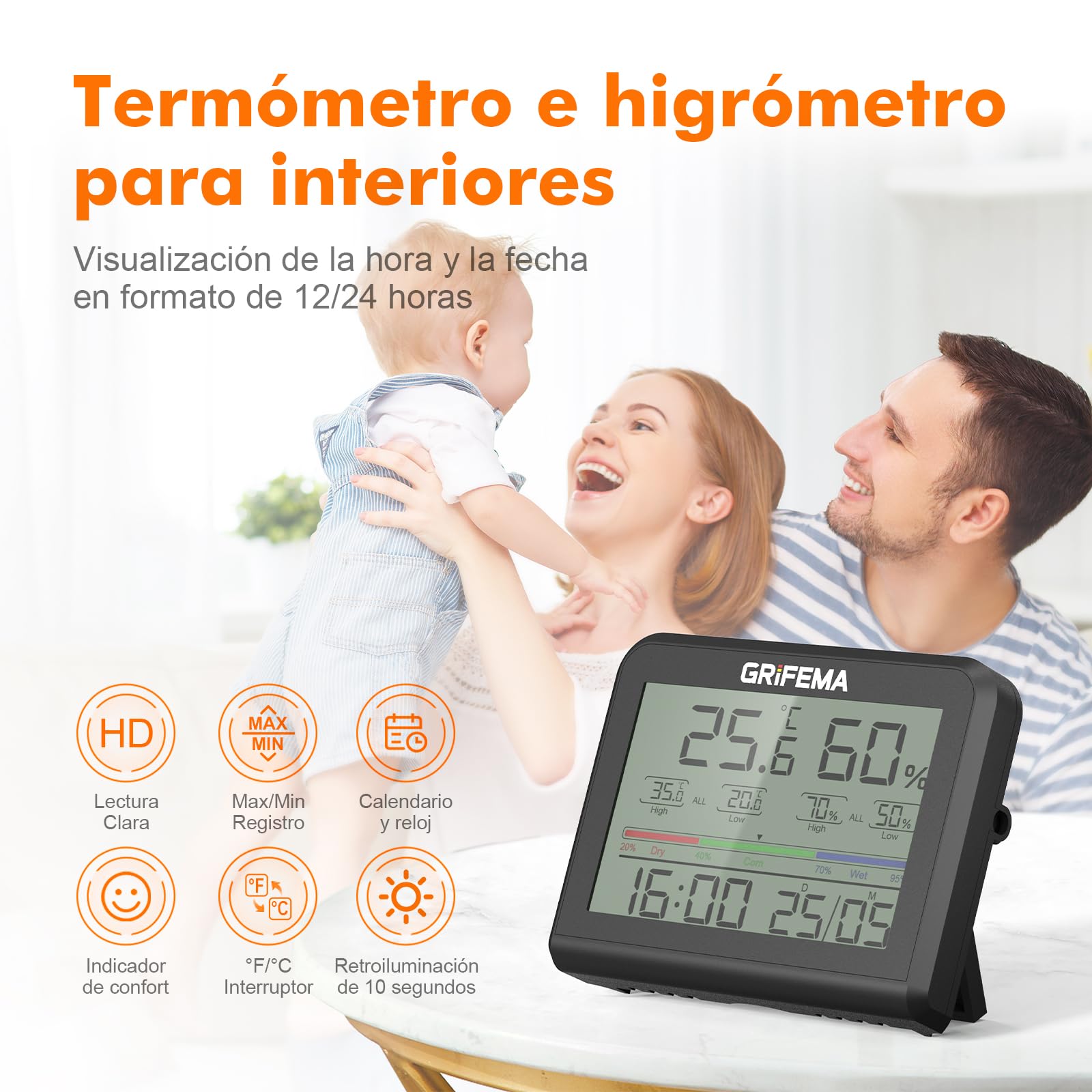 GRIFEMA GA2901B, Termómetro Digital Interior del Higrómetro, Digital Medidor de Humedad con Retroiluminación, Registro Máx/Mín, Reloj/Fecha, Ideal para Hogar/Invernadero, Negro