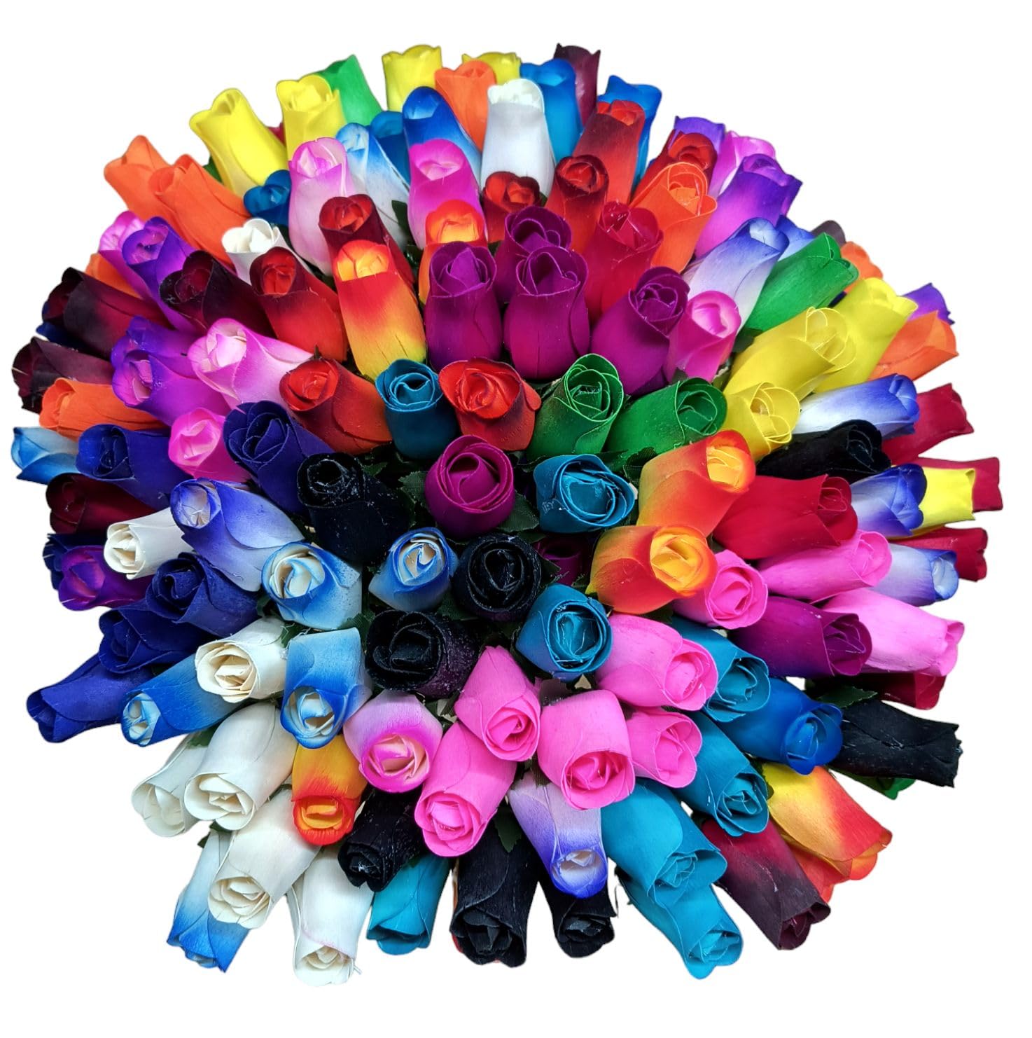 144 Individual Wooden Roses of Assorted Colors. Reds, Blues, Greens, Yellows, Pinks, Black, White, and Lots More Colors are Included.