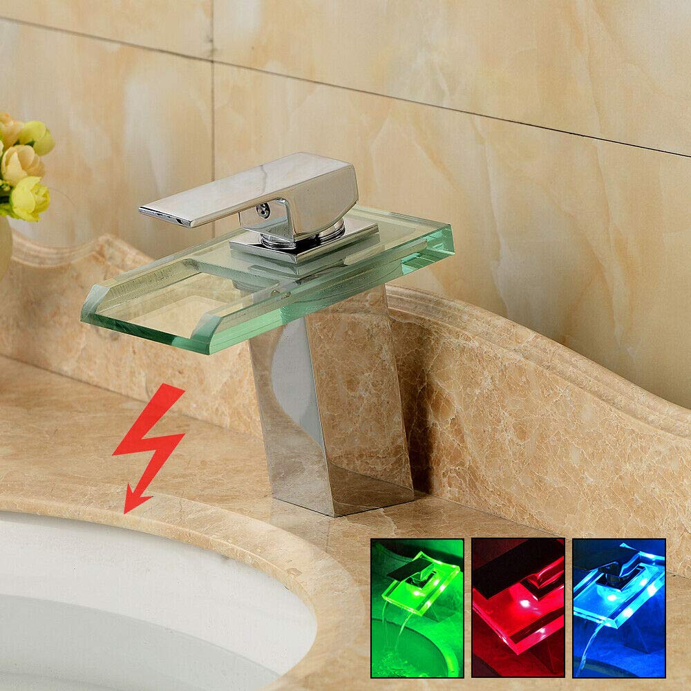 Robinet de Lavabo à LED Cascade avec 3 Couleurs de Changement de Couleur RVB pour Salle de Bain