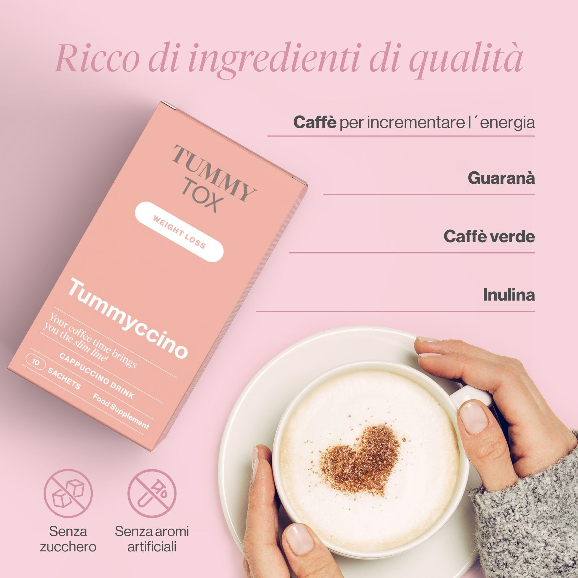 Bevanda al Caffe con Caffeina, Guarana, Inulina e Cicoria Solubile con Estratto di Caffè Verde - Arôme Cappuccino, 30 Bustine, Tummy Tox Tummyccino