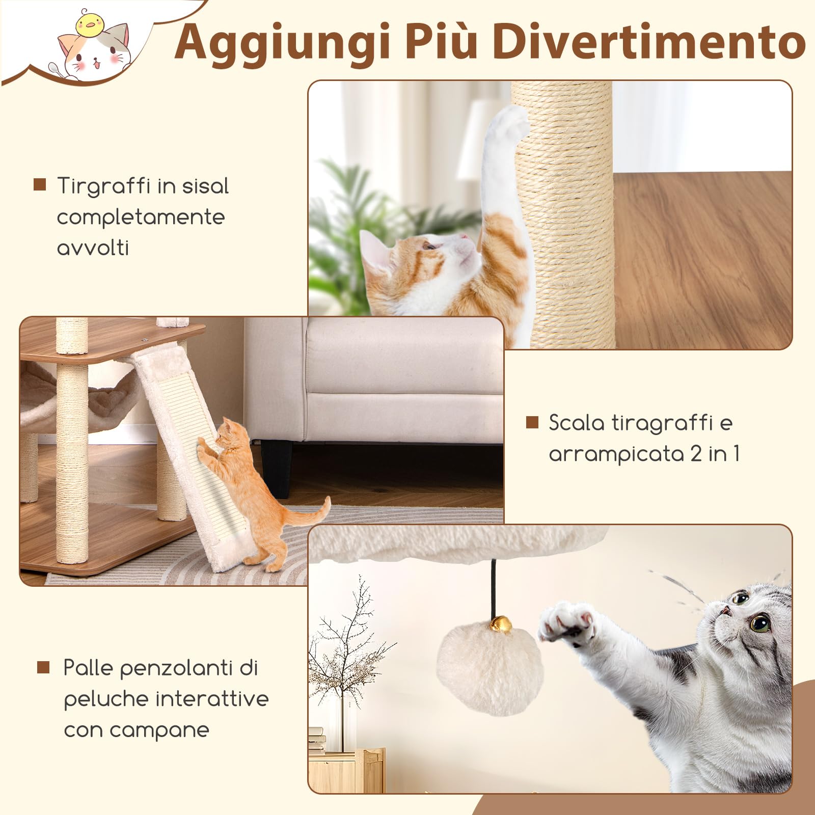 GYMAX Albero per Gatti Alta 168 cm, Torre Multilivello con Piattaforma, Amaca, Pannello Graffiato e Tiragraffi in Sisal, Palline Sospese, Naturale