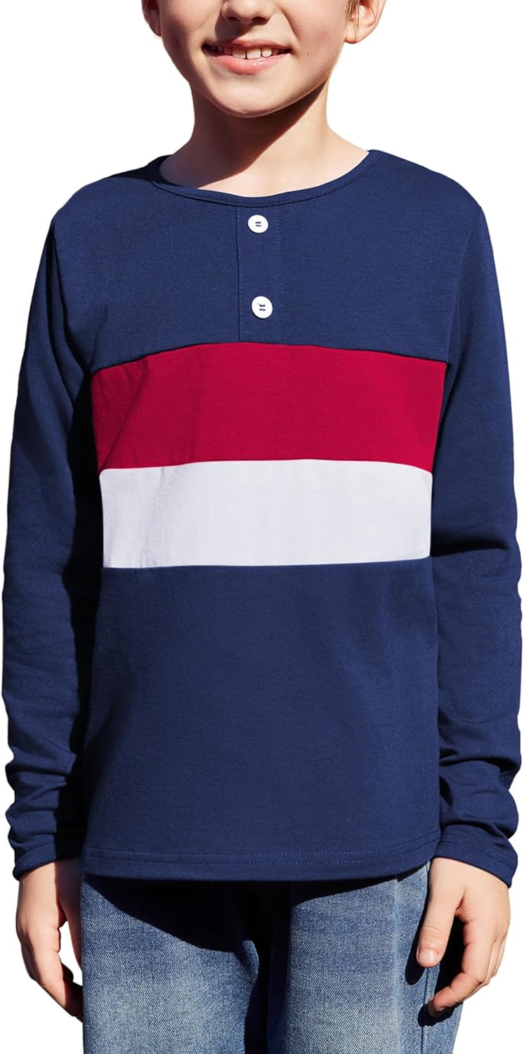 Arshiner Kids Boys Henley Shirts Cotton Long Sleeve Crewneck T-Shirts Color Block Tee Tops 3-12 Years